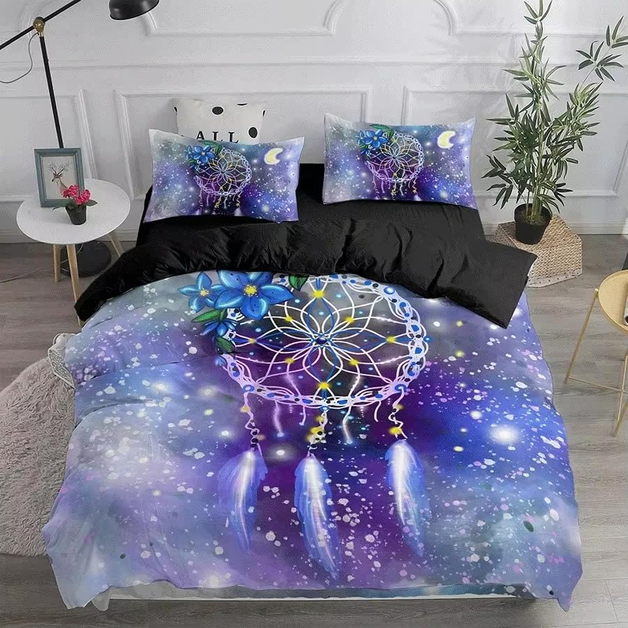 Housse de couette 260x240 bleu violet en microfibre douce style bohème chic