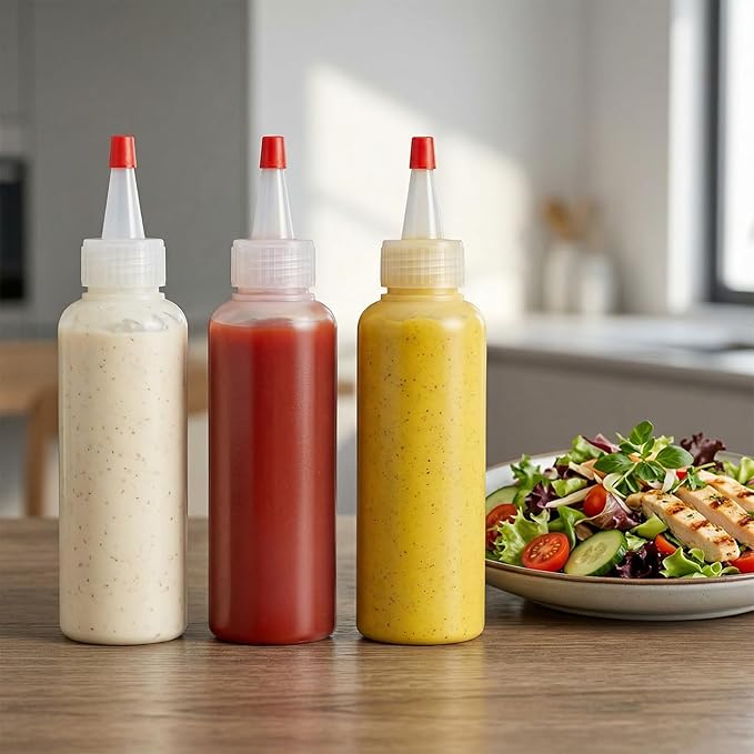 5 Botellas Plástico para Salsas, 4 oz con Tapa Giratoria Roja miniatura 2