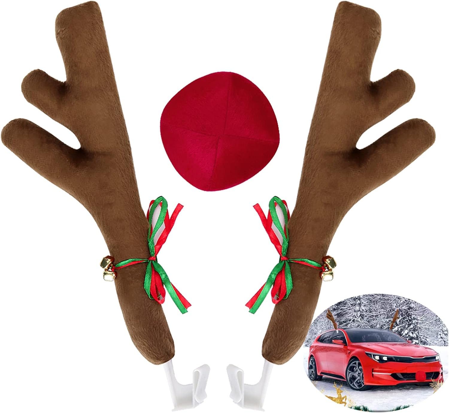 ovsor Car Christmas Reindeer Antlers & Nose Decorations,Rudolph Set Reindeer Ornament Costume Auto Accessories for Any Vehicle Decor