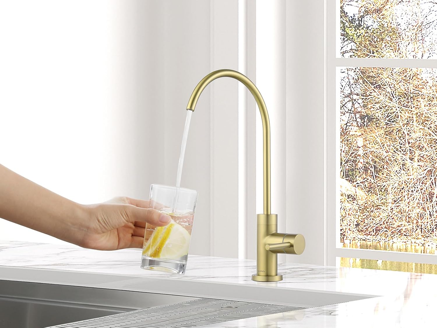 AguaStella AS60CB Champagne Gold Pull Down Kitchen Faucet and AS09CB Champagne Gold Stainless Steel Water Filter Faucet for Most Reverse Osmosis Units or Water Filtration System Combination