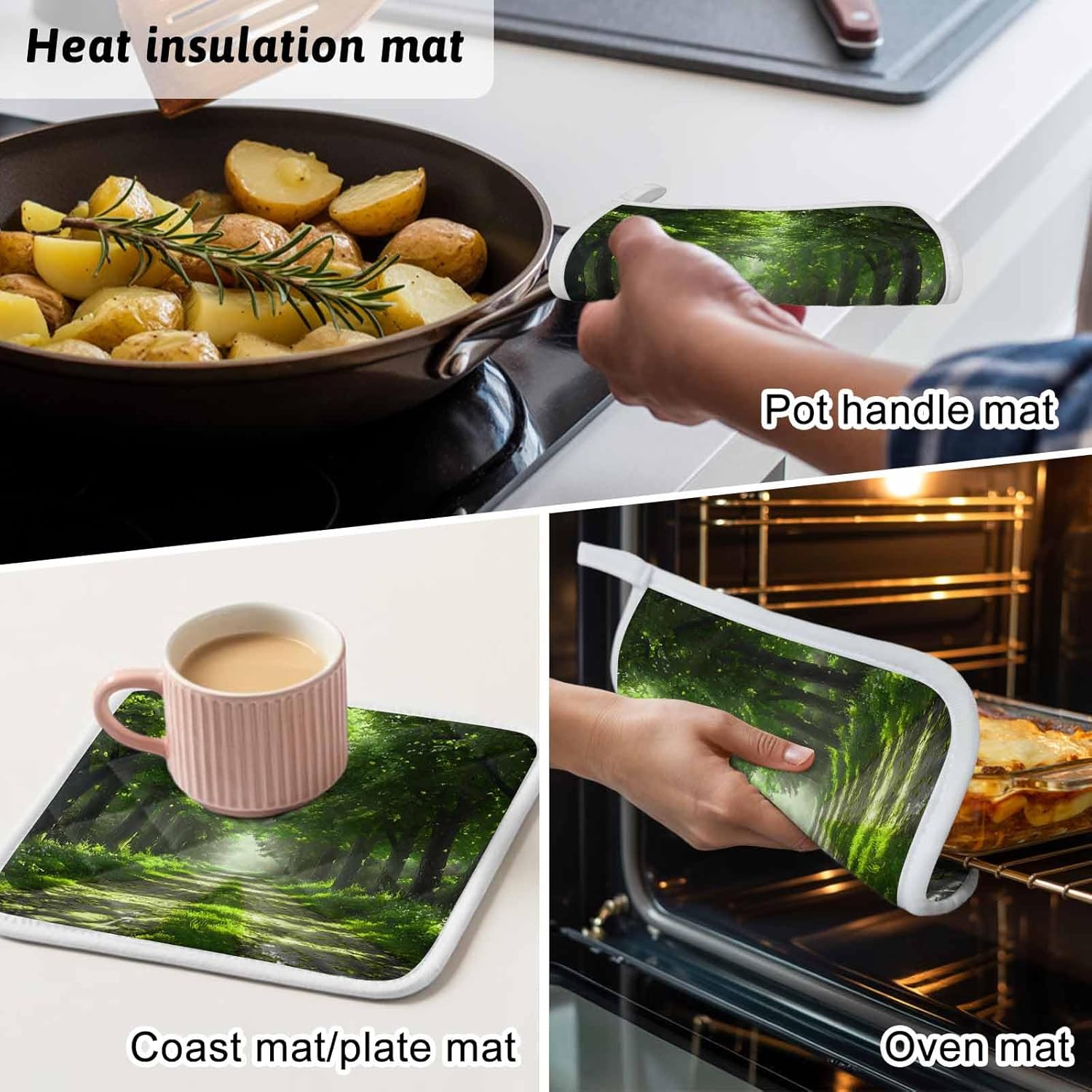 5 Pack Pot Holders for Kitchen, Green Trees Hot Pads for Kitchen Countertops Oven Pot Holder Bulk, Forest Art Decor Spring Summer Nature Leaf Heat Insulation Potholders with Hanging Loops