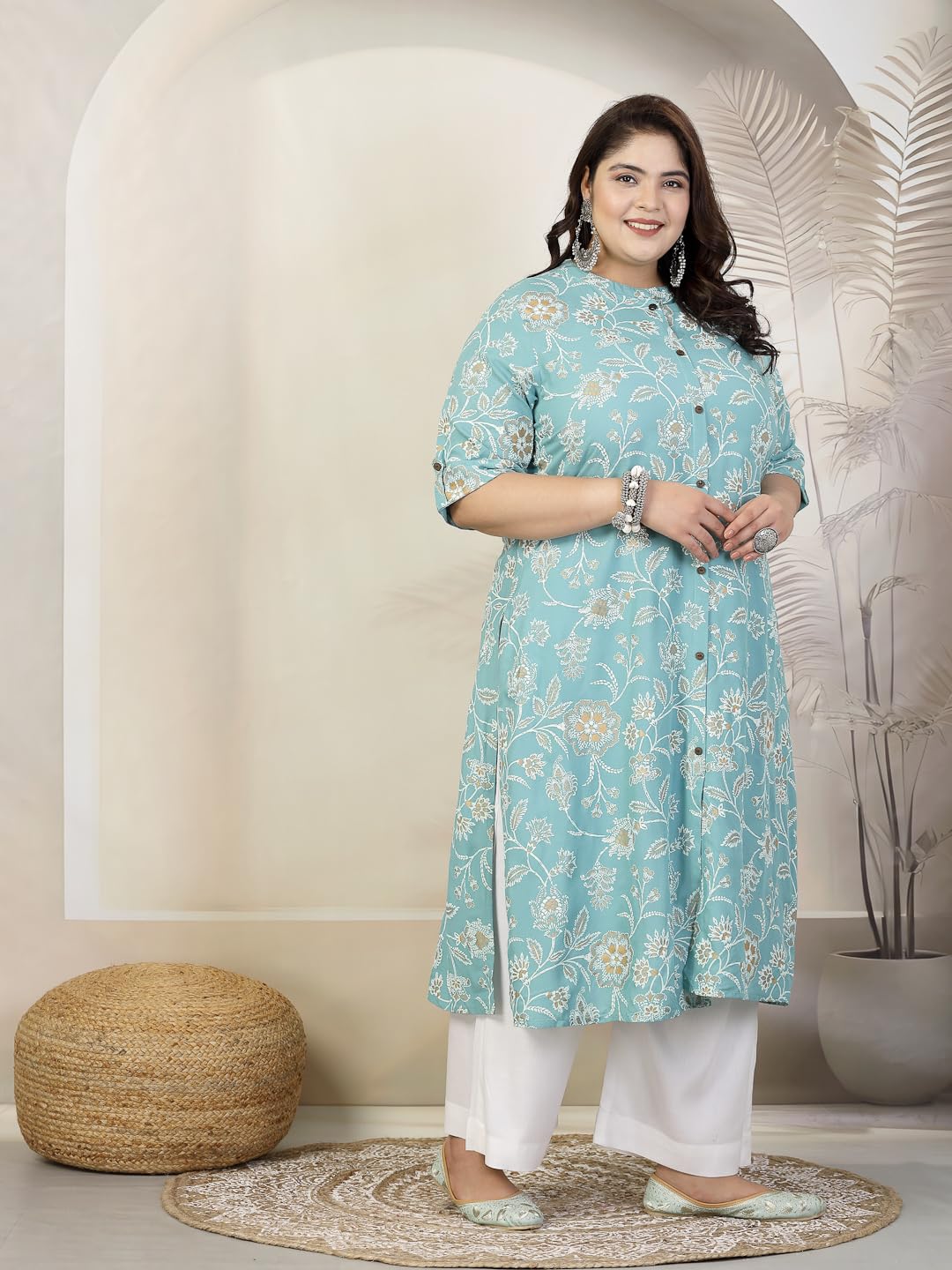 Stylum Plus Size Women Floral Print Rayon A-Line Kurta (Fionaaquaplus46_Aqua, 3Xl)