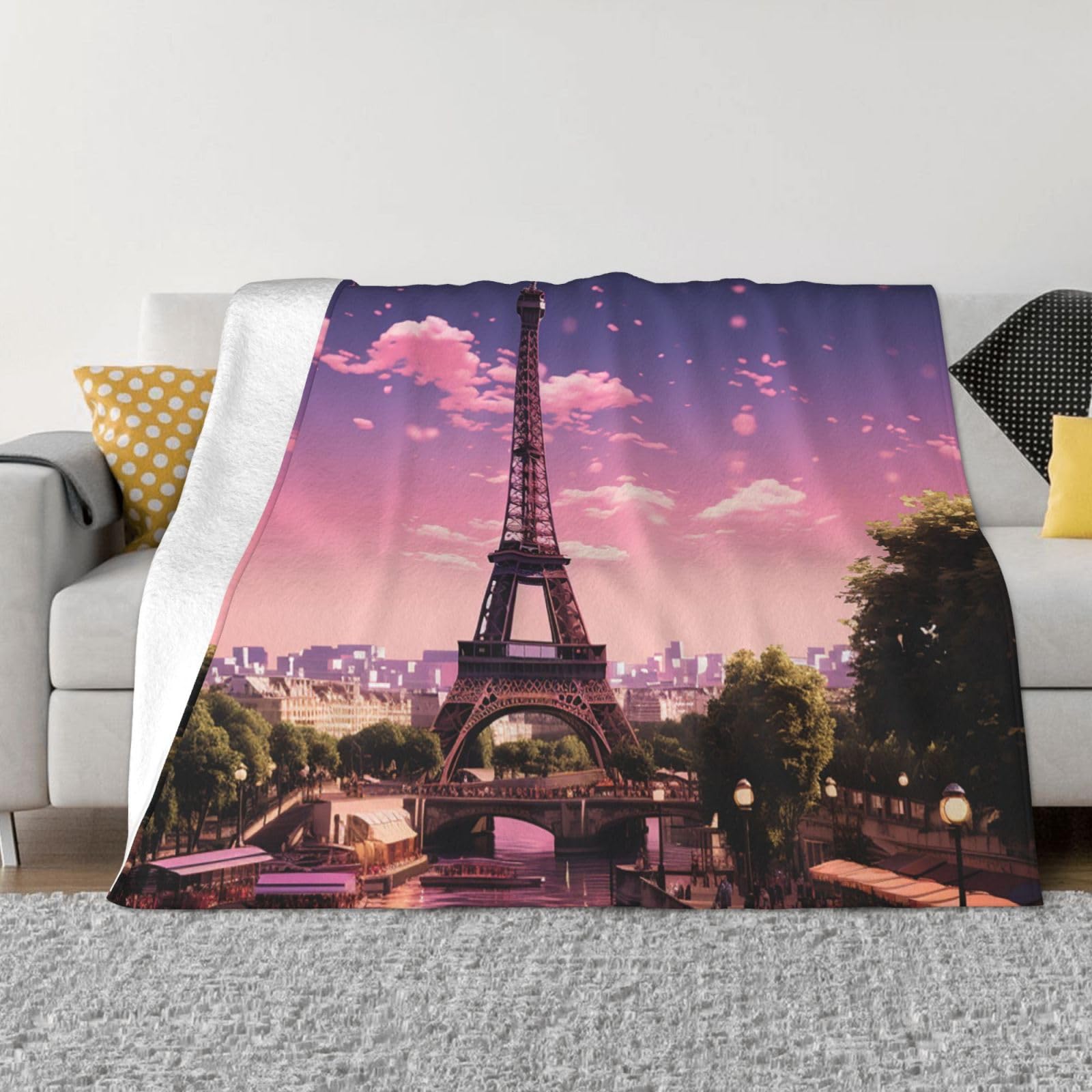 Jeté de lit rose Paris, plaid peluche léger pour cocooner sur le canapé
