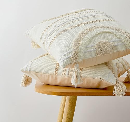 Miniatura 3 de Juego de 2 fundas de almohada bohemias neutras de 18 x 18 pulgadas, de algodón tribal bohemio tejido a mano, fundas de cojín cuadradas con borlas