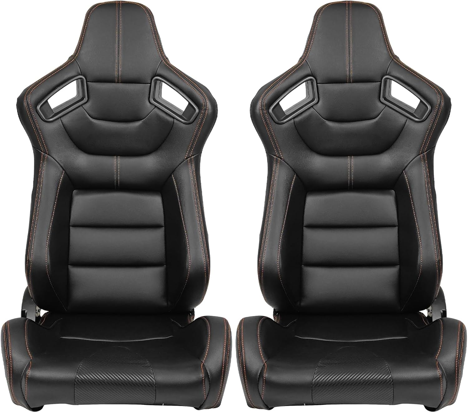 FREEMOTOR802 Racing Seats with Dual Lock Sliders, Universal For Most Cars Vehicles First Row, 1 Pair Reclinable Sport Bucket Seats, PU Carbon Fiber Look Leatherette, Black Orange
