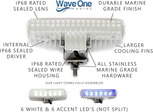 Miniatura 3 de Wave One Marine Luz LED de doble color para esparcidor de barcos, cubierta de luz de inundación, accesorios y soporte inoxidable IP68, impermeable,