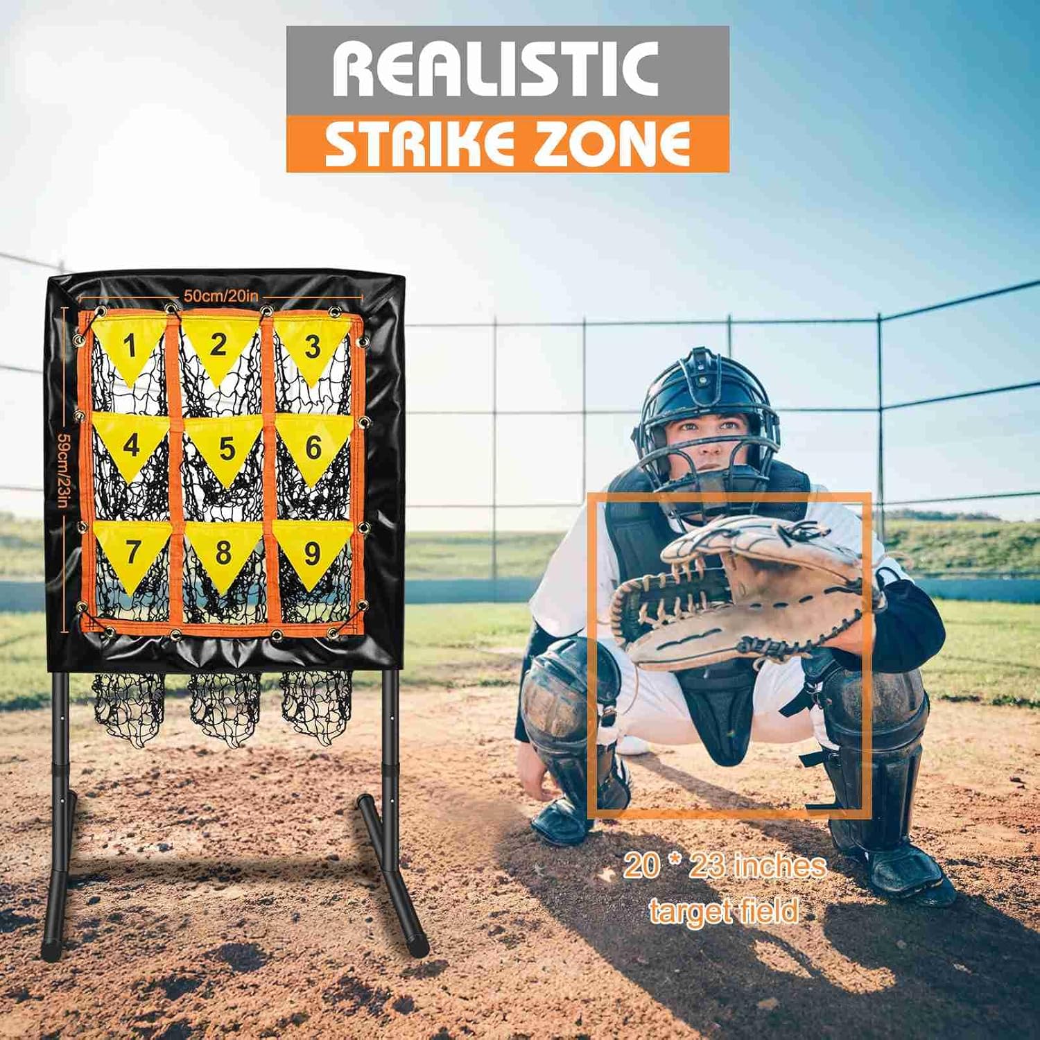 Pitching Net, 9 Hole Baseball Net with Strike Zone, Adjustable Baseball Softball Pitching Net with 9 Pocket Target, Portable Pitcher Practice Equipment for Outdoor Indoor