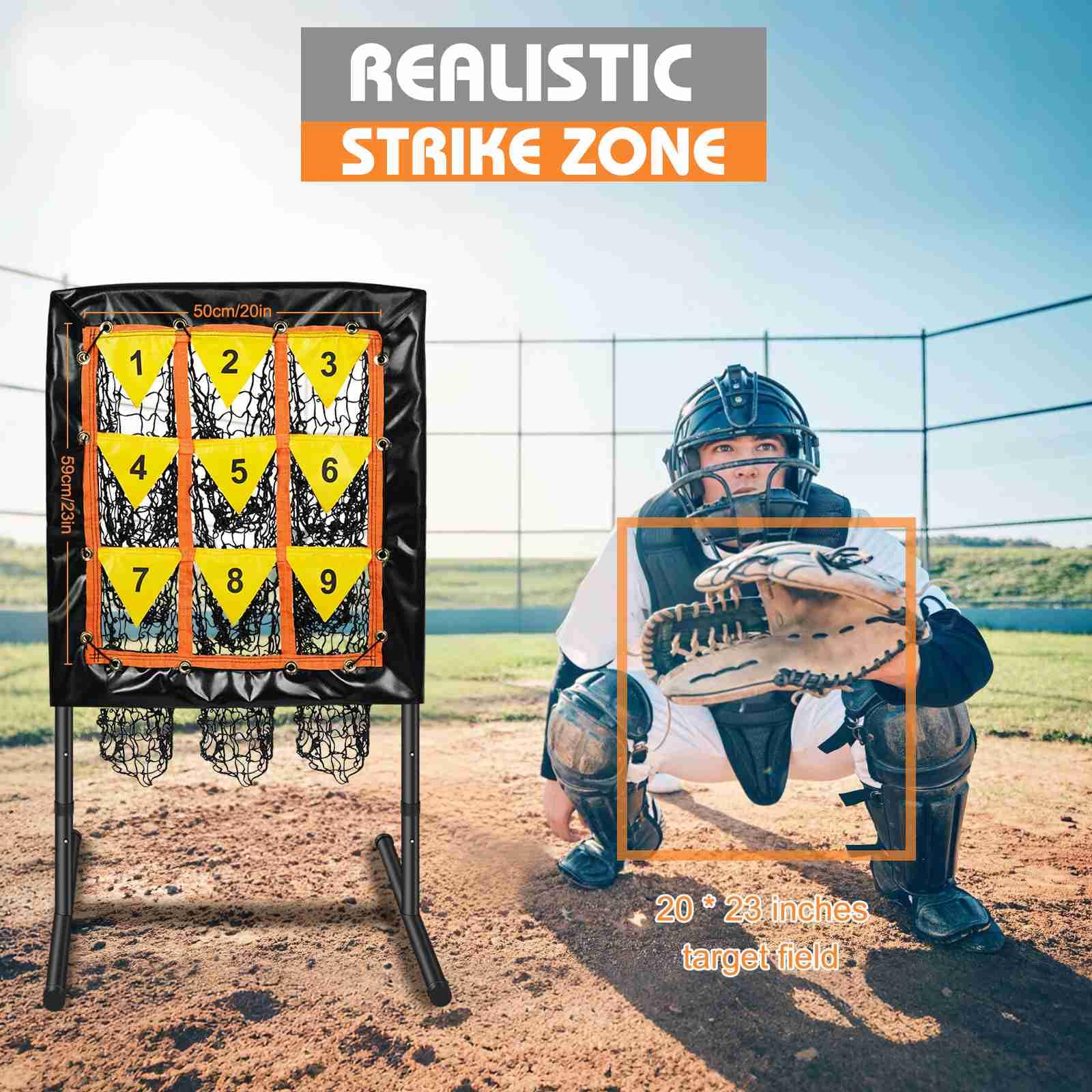 Pitching Net, 9-Loch-Baseballnetz mit Schlagzone, verstellbares Baseball-Softball-Pitching-Netz mit 9 Taschen Ziel, tragbares Pitcher-Übungsgerät für Outdoor Indoor