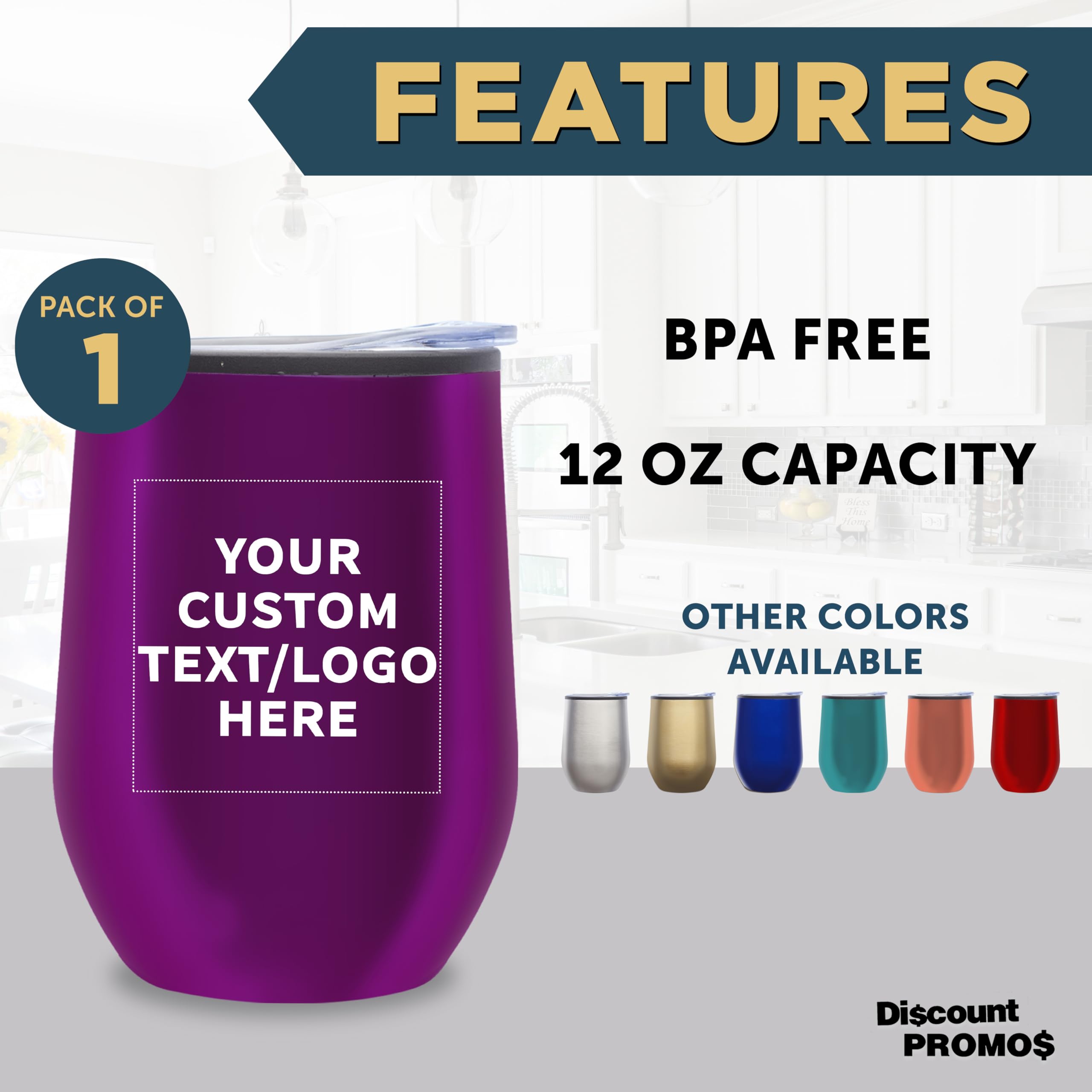 DISCOUNT PROMOS Custom Stemless Wine Tumblers 12 oz. Set of 1, Personalized Bulk Pack - Insulated, Perfect for Wine, Cocktails, Other Hot & Cold Beverages - Purple