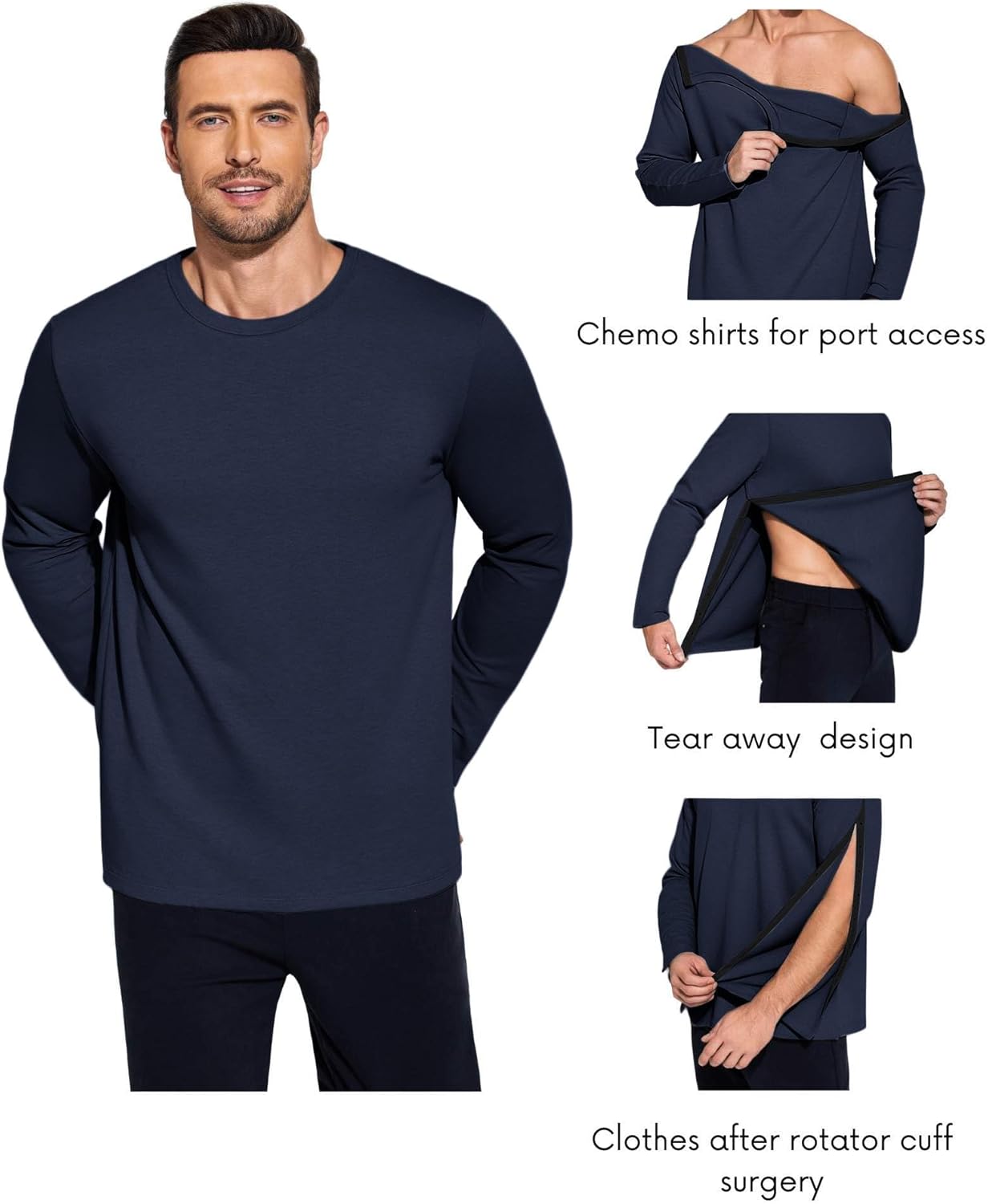 Deyeek Post Shoulder Surgery Recovery Shirts for Men Chemo Port Access Top Snap Full Tear Away Long Sleeve - Image 2