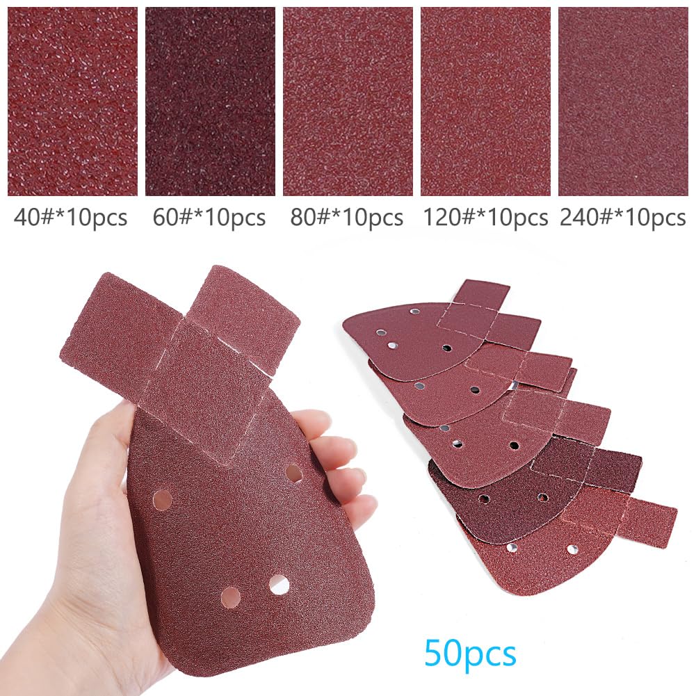 URAQT 50 Pezzi Mouse Fogli Abrasivi, Carta Vetrata per Levigatrice con 2 Testine di Ricambio, Triangoli Abrasivi Grana 40/60/80/120/240, per Levigatrici Manuali Black e Decker Detail