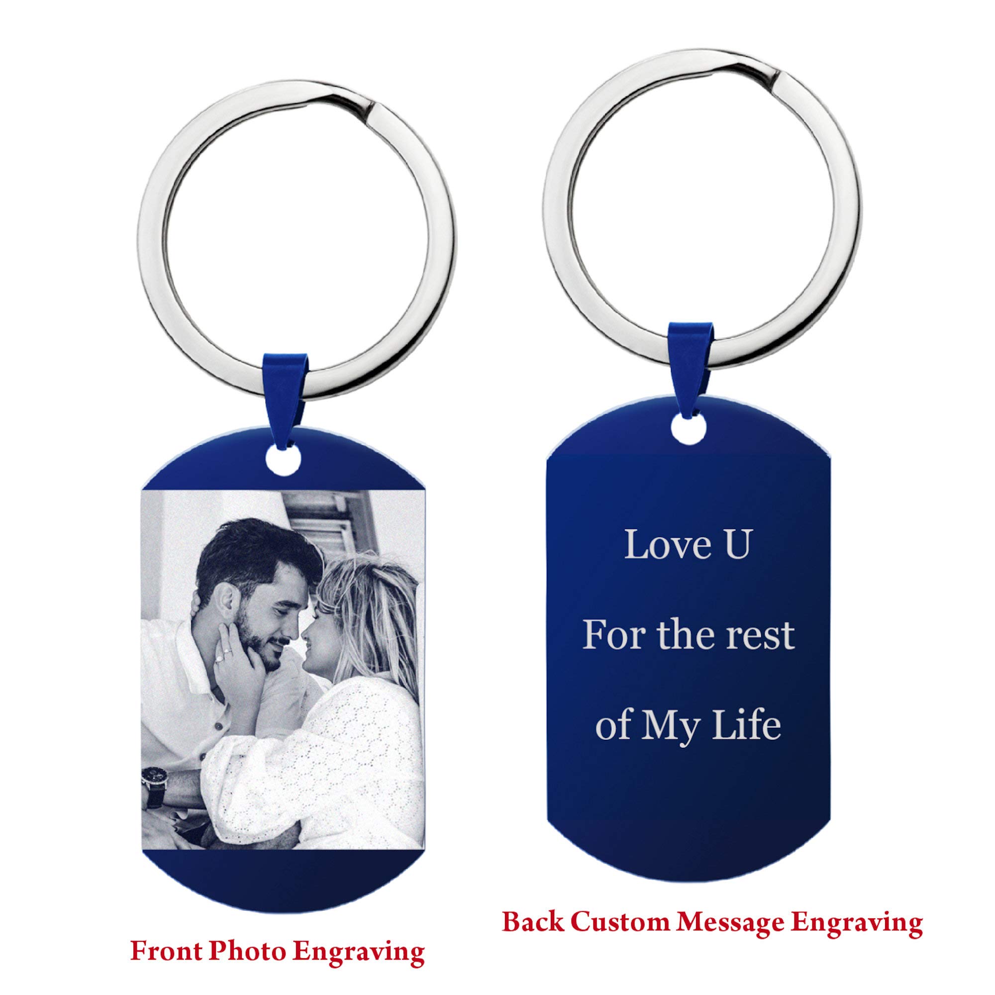 Personalizado grabado personalizado foto texto perro etiqueta colgante llavero azul