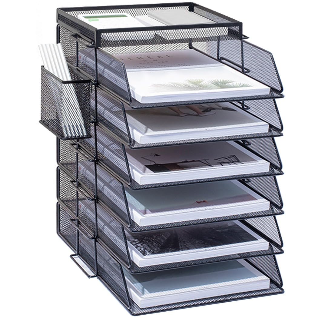 ZESLIV Desk Organiser with File Holder, 6-Tier Letter Tray with Drawer and Pen Holders, Mesh Desk File Organiser with Magazine Holder for Office Organiser, Black