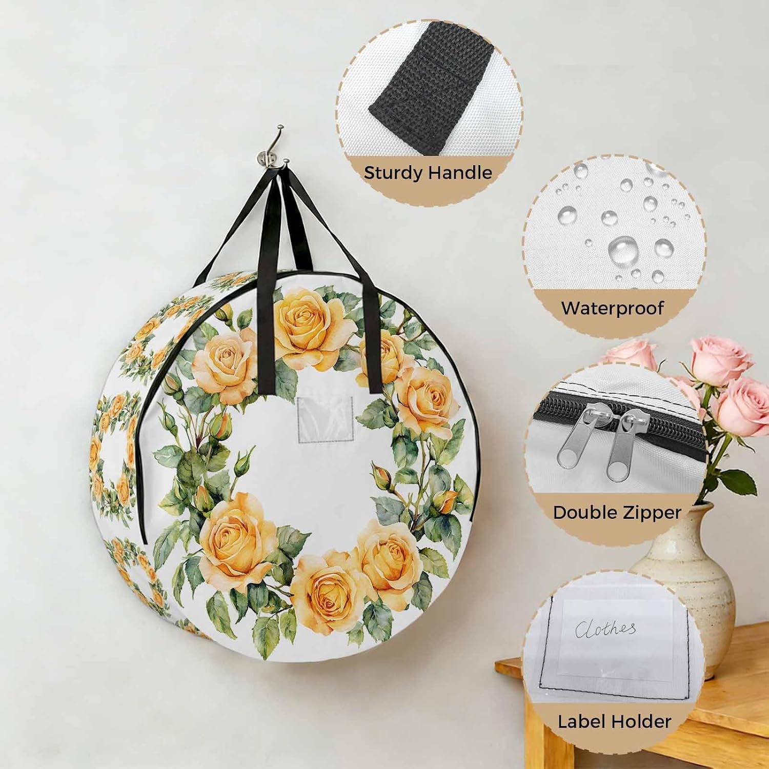 Yellow Roses Round Storage Bag 24 Inch, Spring Wreath Watercolor Flowers Clothes Storage Container with Handles Heavy Duty Organizer for Comforter, Bedding & Holiday Wreaths