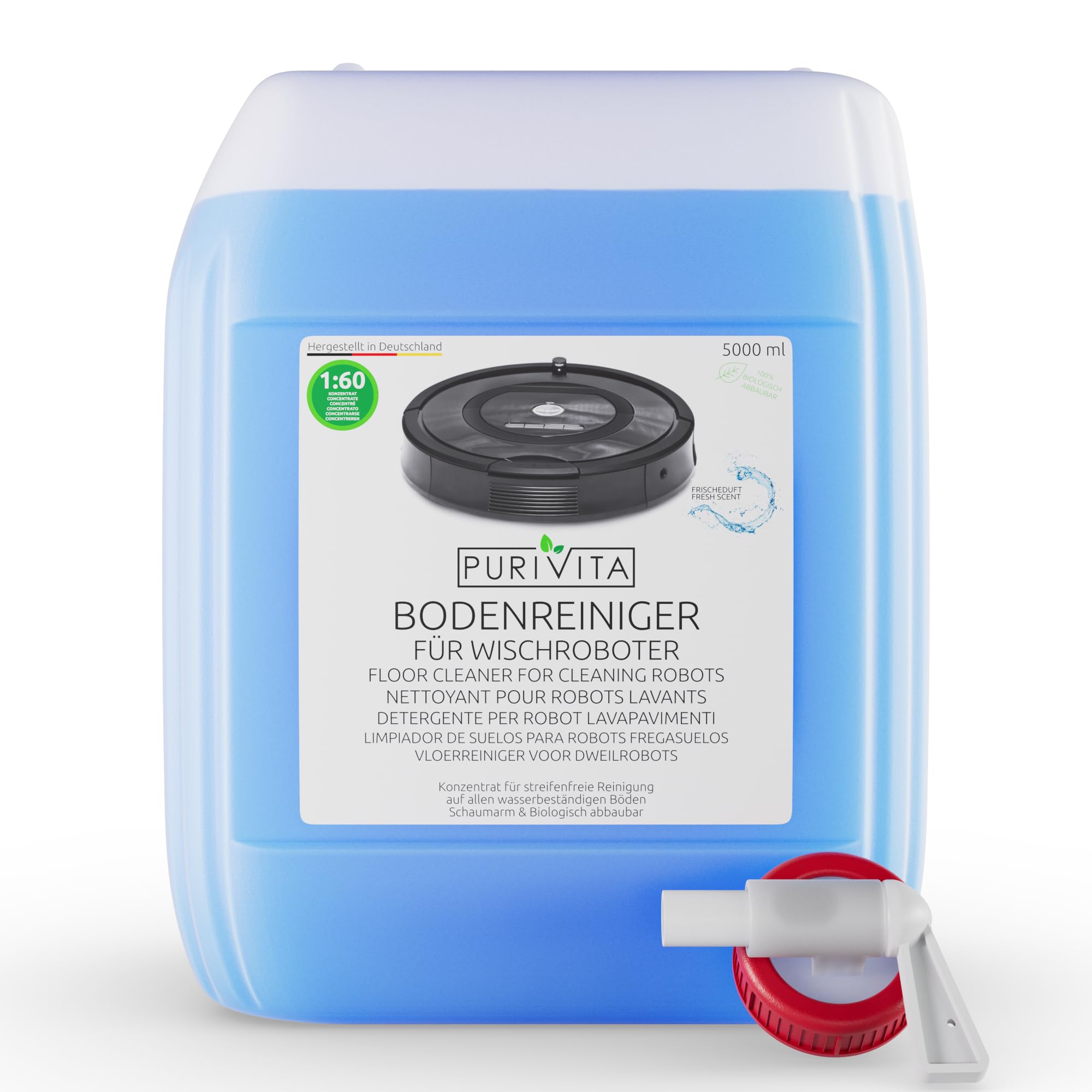 PURIVITA® Wischroboter Bodenreiniger Reinigungsmittel Konzentrat, 5L | Streifenfrei, schnell trocknend und ergiebig, auch für Nasssauger, Saugwischer und Waschsauger