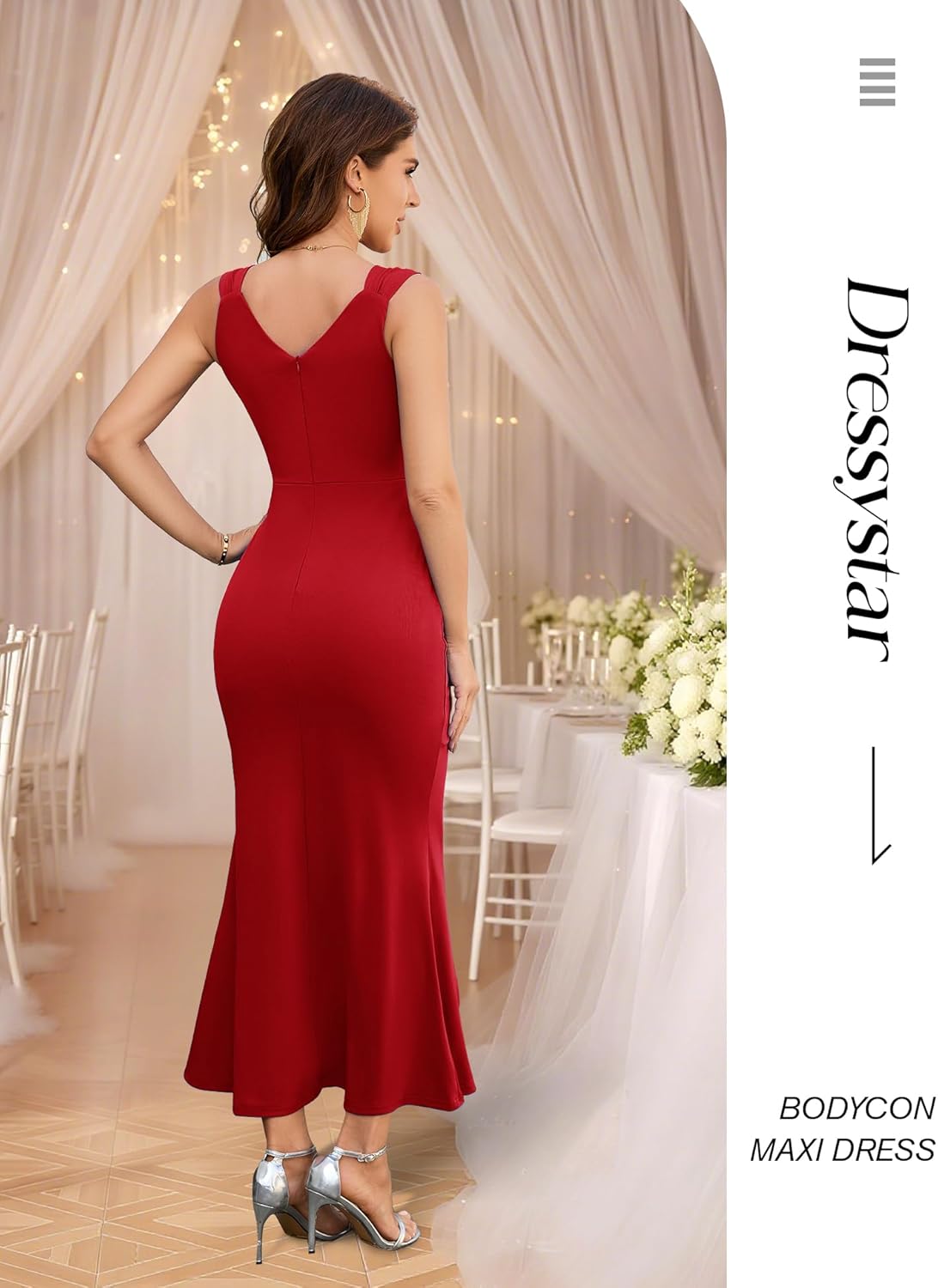 Dressystar Womens V Neck Spring Formal Evening Maxi Dress Bodycon Sleeveless Mermaid Split Wedding Guest Cocktail Dresses - Image 2