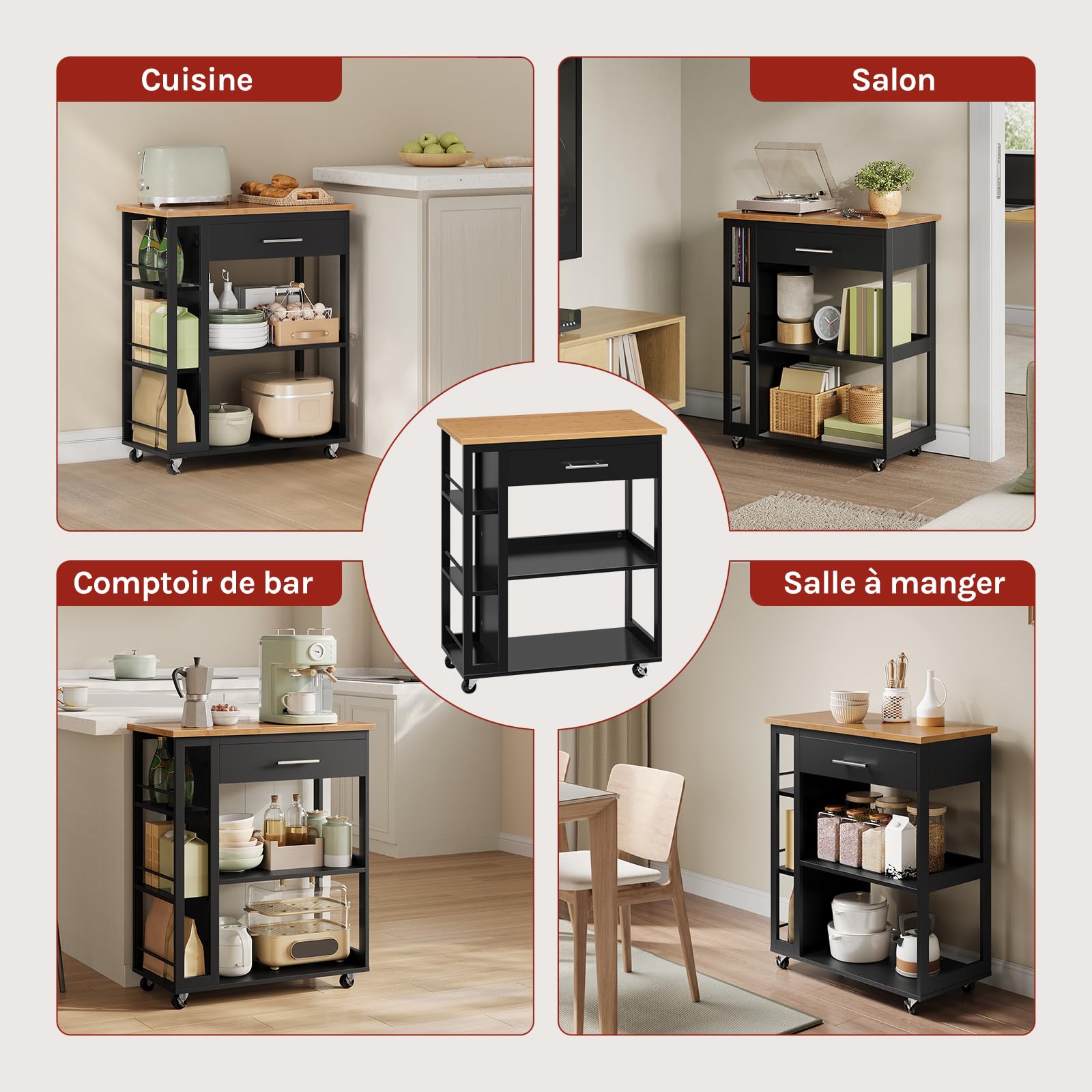 WOLTU Desserte à roulettes, Îlot de Cuisine, Chariot de Rangement avec Plan de Travail, Tiroir et Étagères Ouvertes, pour Salle à Manger/Salle de Bain, 73x38x88cm, Effet de Bambou + Noir, RW051sz