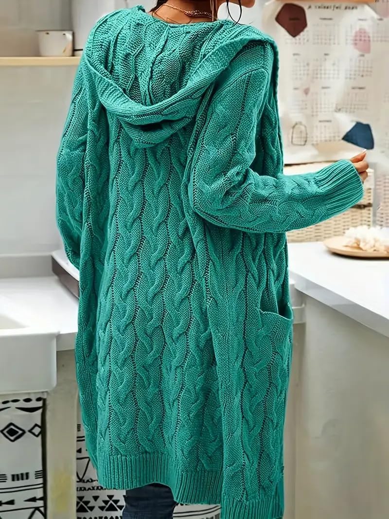 Women's Long Cable Knit Cardigan Sweater with Pockets, Open Front Have Cap - Image 4