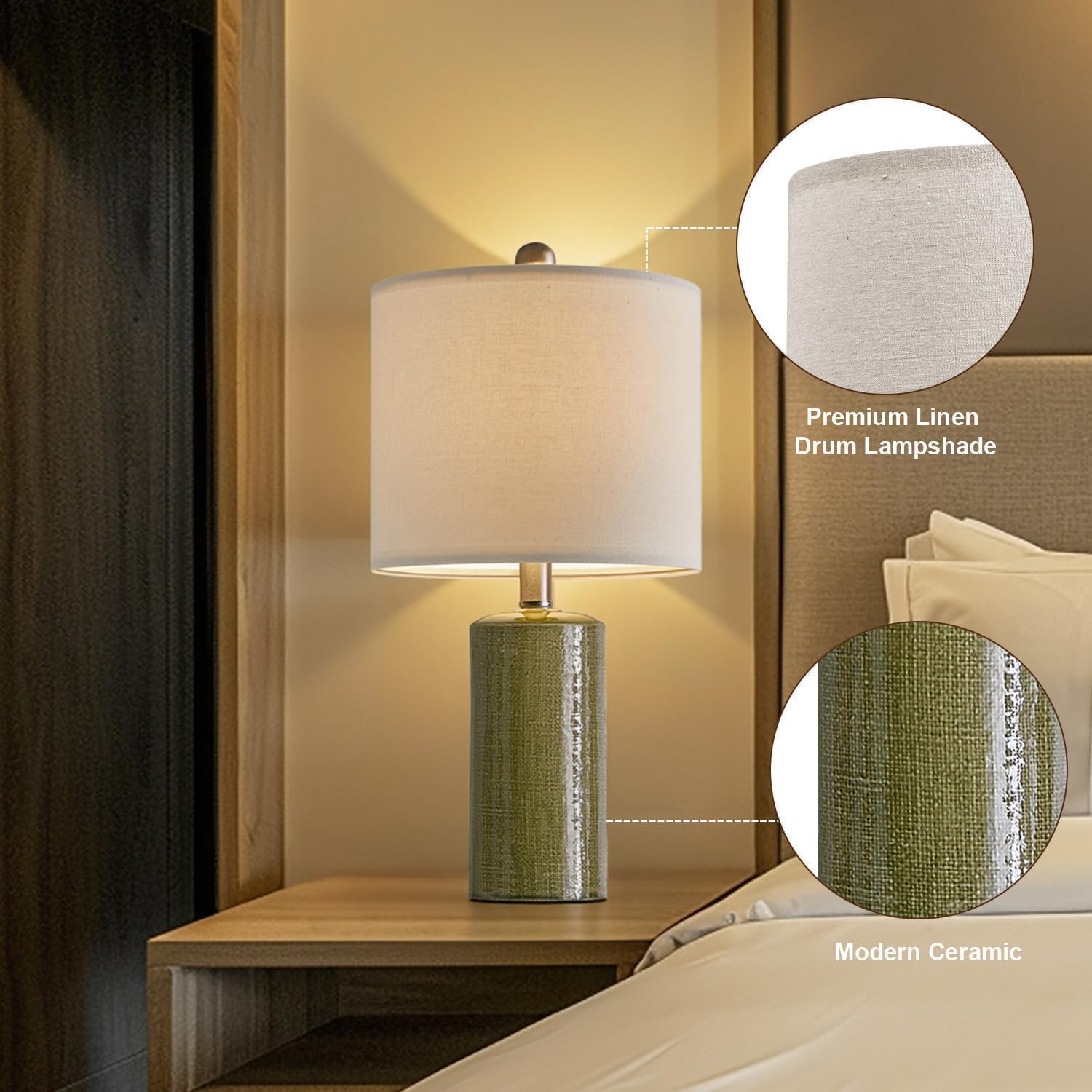 G-SAFAVA Lot de 2 petites lampes de table modernes en céramique de 51 cm pour salon, ferme, lampes de chevet bohèmes pour table de nuit, chambre à coucher, lampes d'appoint vertes