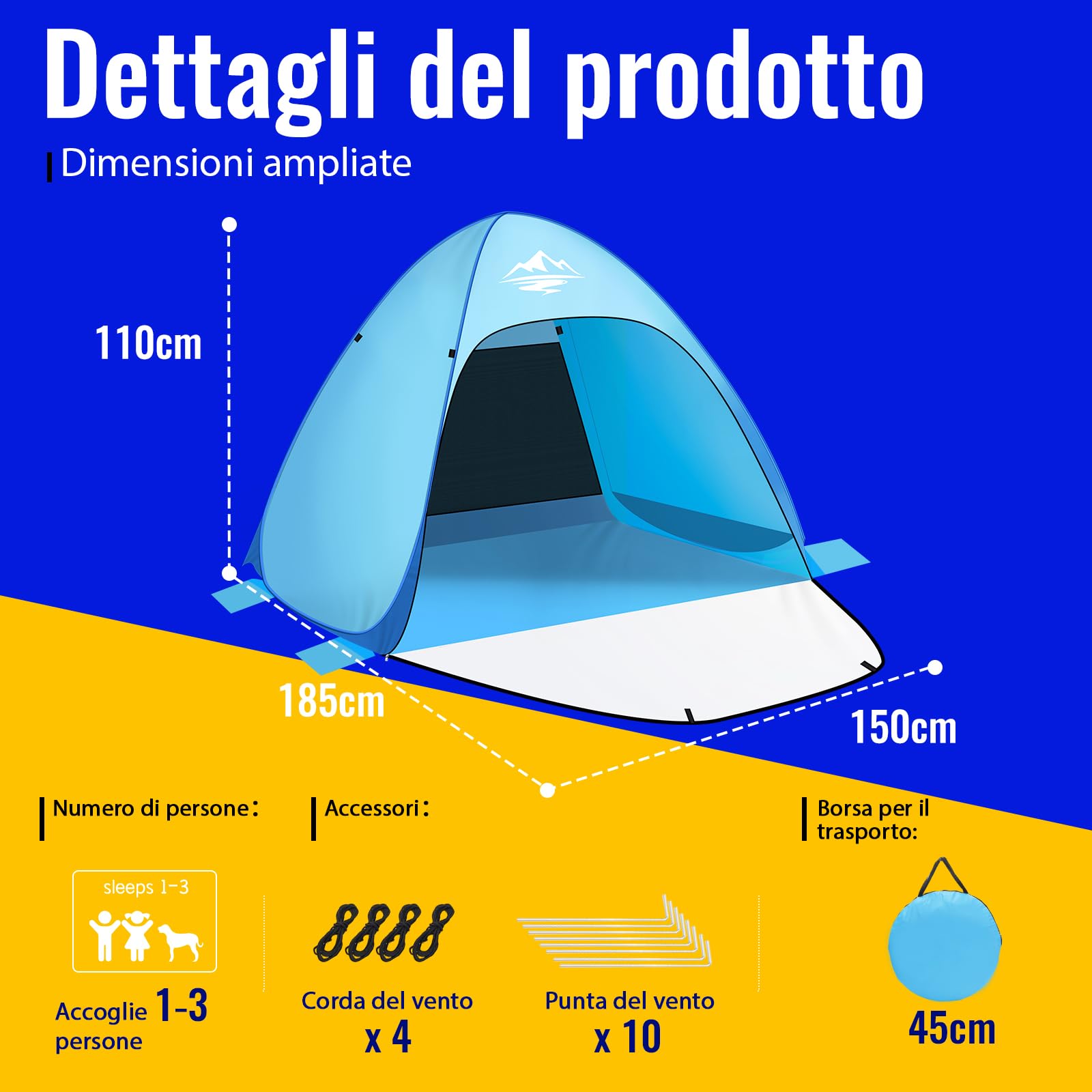 Purebox Tenda da Spiaggia, Tenda Spiaggia 1-3 Persone/3-4 Persone, Tenda da Spiaggia Pop Up UV50+ UPF 50+, Tenda da Spiaggia Portatile Ideale per spiaggia, giardino, picnic