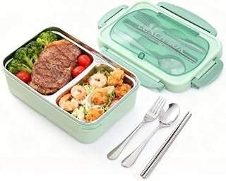 Fiambrera Bento Box con 2 compartimentos y cubiertos, caja aislada de acero inoxidable 304 para estudiantes, trabajadores, almuerzo modelo con dos compartimentos, color verde