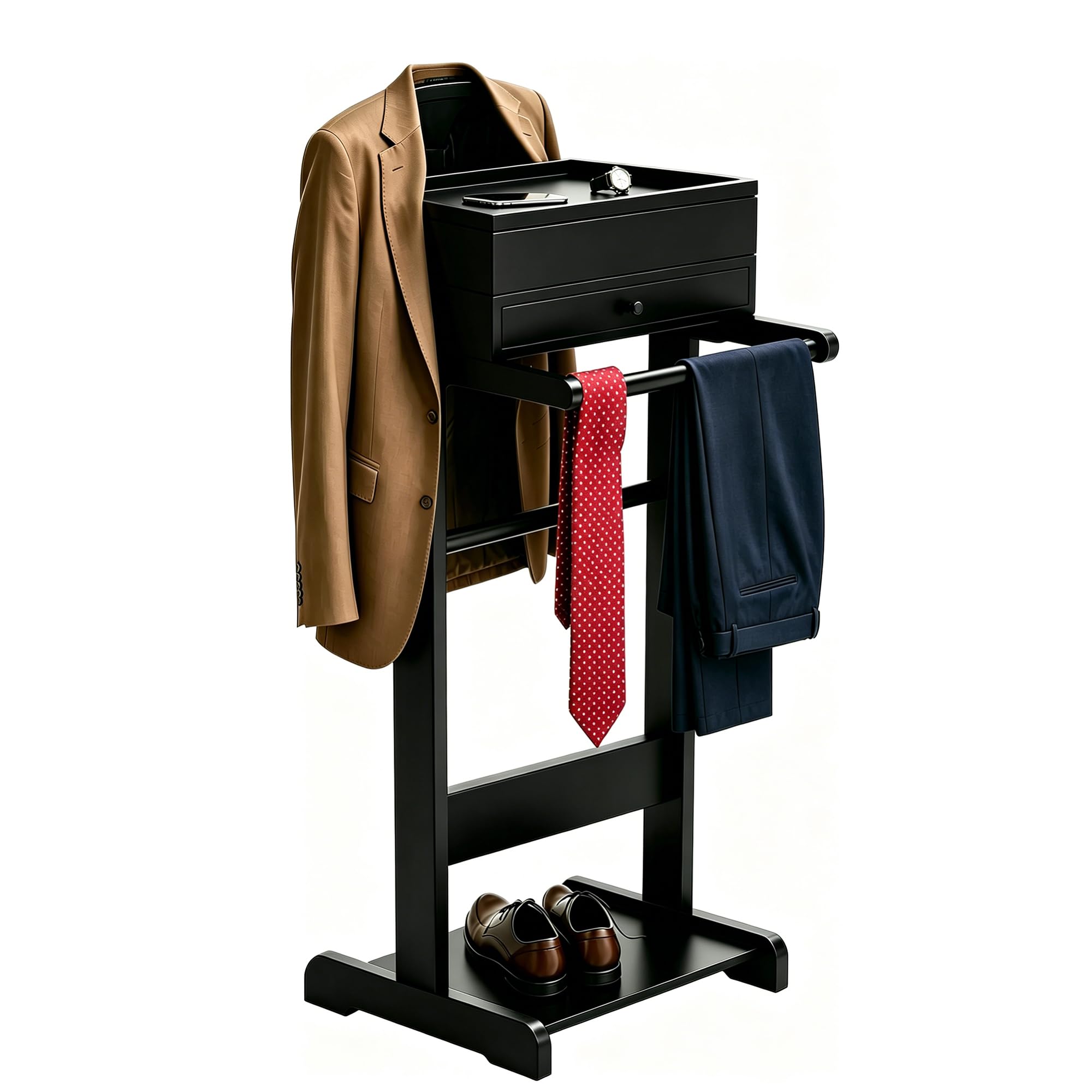 Freestanding Clothes Rack for Men Women,Suit Valet Stand with Wide Shoulder Suit Hanger,Top Tray，2 Drawers,Shoe Rack,Wooden Valet Stand for Entryway,Bedroom,Living Room,Black