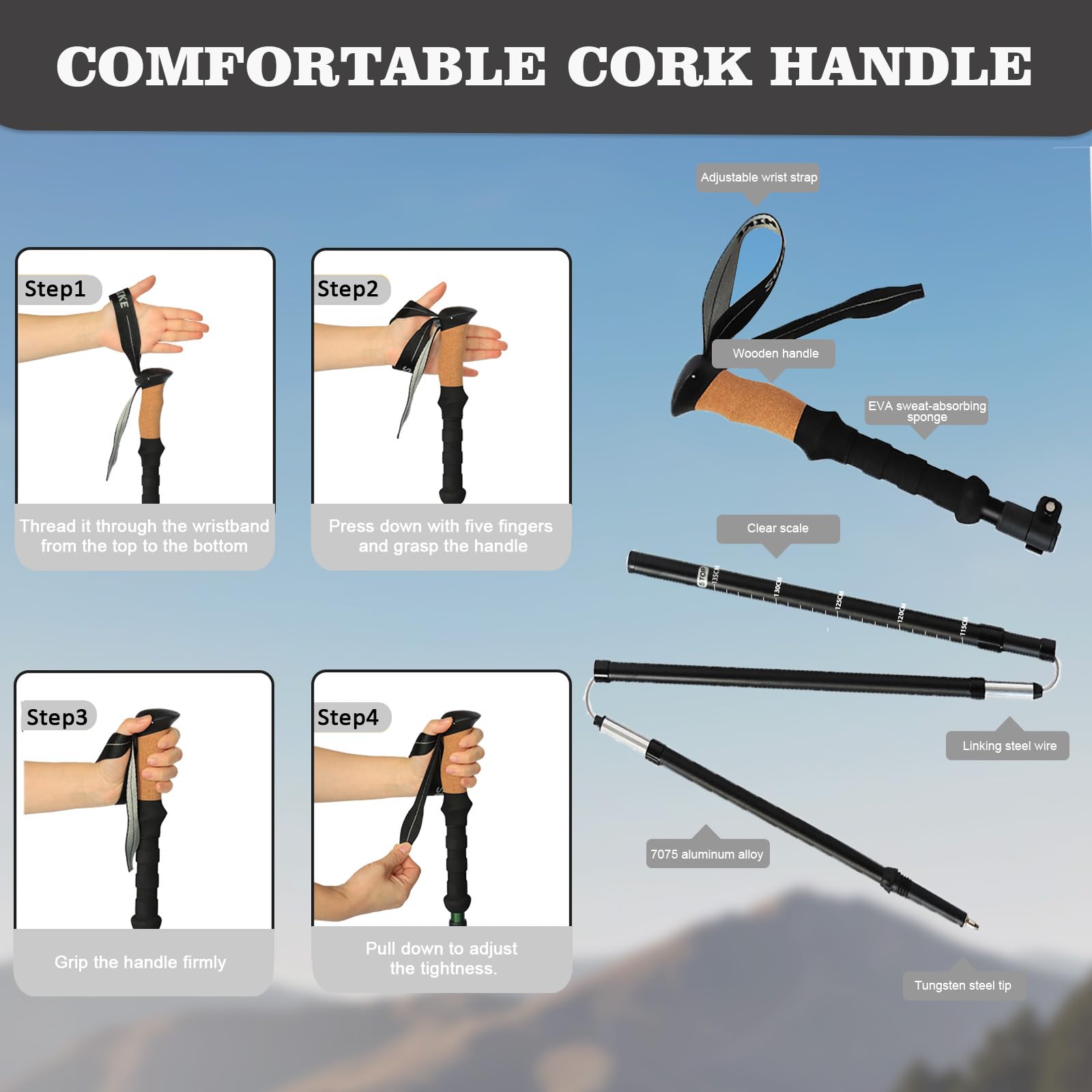 Bastoni Da Trekking Pieghevoli In Carbonio O Alluminio Con Manico In Sughero Regolabile (105-135 Cm) – Leggeri 250-320g Con Cuscinetti In Gomma - 3