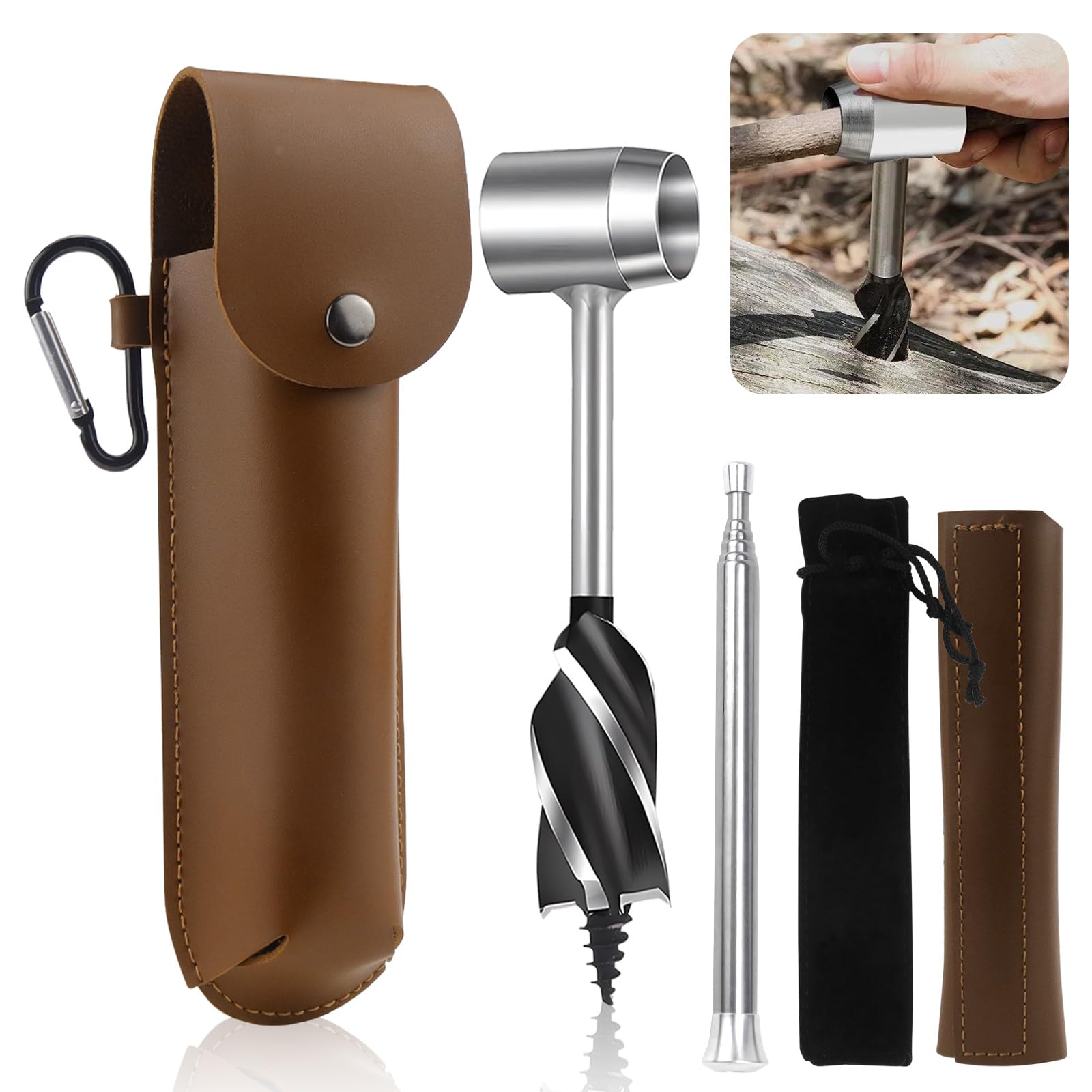 Taladro Manual Herramienta de Supervivencia para Colonos Bushcraft Taladro de Madera Manual Multiusos con Estuche de Cuero para Acampar al Aire Libre Bushcrafting