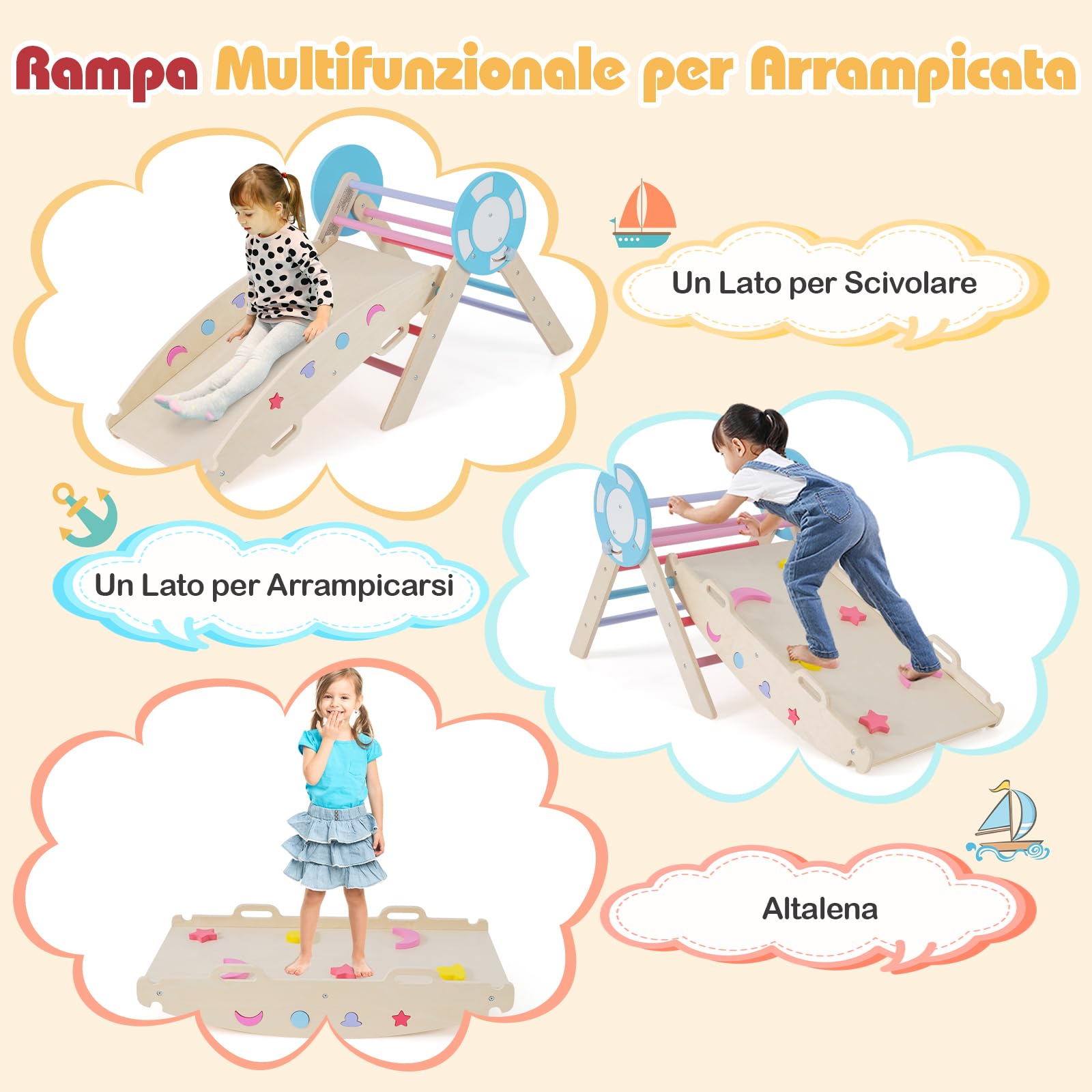 RELAX4LIFE Set da Arrampicata per Bambini, Triangolo di Arrampicata con Scivolo e Arco, Gioco di Incastri in Legno, Gioco Montessori per Bambini 1+ Anni (Marinaio-3 Pezzi | Colorato)