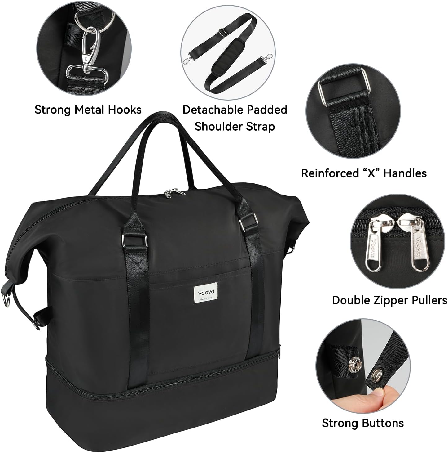 Voova Weekender Bags for Women, Large Travel Duffle Bag for Personal Item Travel with Shoes Compartment, Carry On Overnight Bag with Toiletry Bags 4 Pack Set for Men, Gym, Hospital, Yoga (Black)