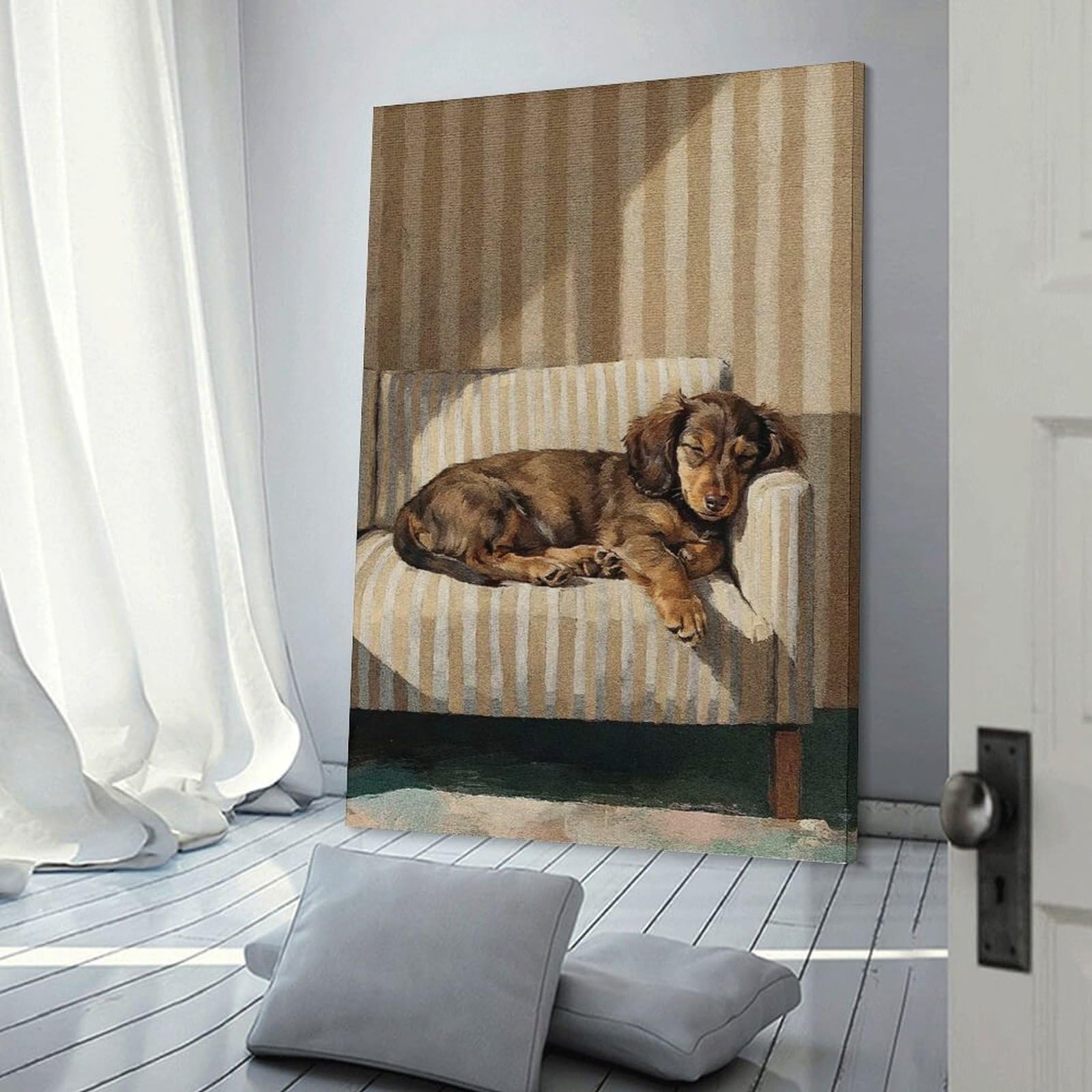 Junmoney Sleeping Dachshund on Striped Couch Wall Art Print 20x30inch(50x75cm), for Gallery Wall Layouts in Home Or Office, An Easy Match for Collected Prints