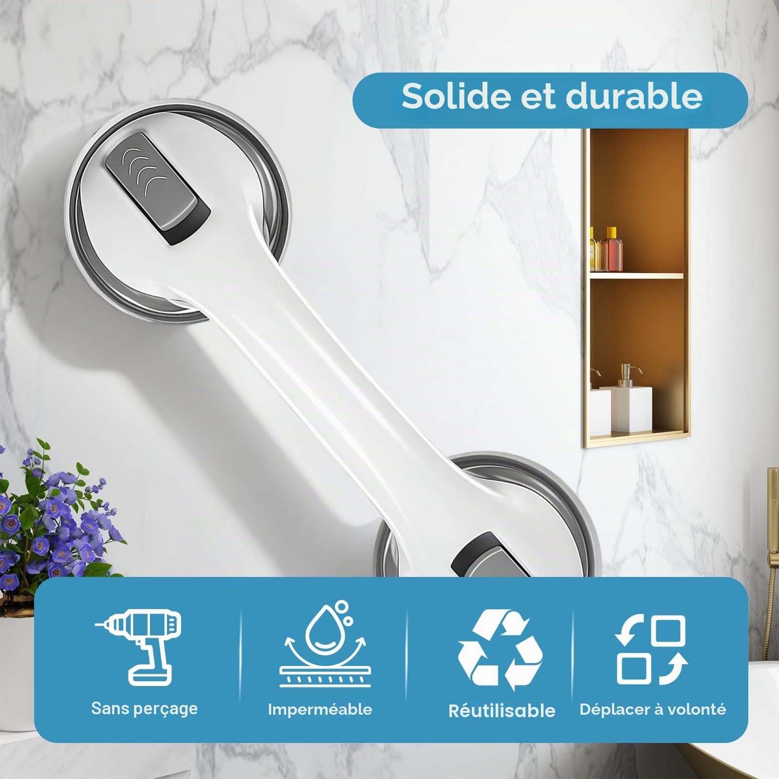 Poignées pour Personnes Âgées Ventouse Forte - 2pcs Poignées de Sécurité Salle de Bain, 110 KG Poignée de Sécurité pour Salle De Bain, Support Levage et Fixation Banc Douche et Toilette, Gris
