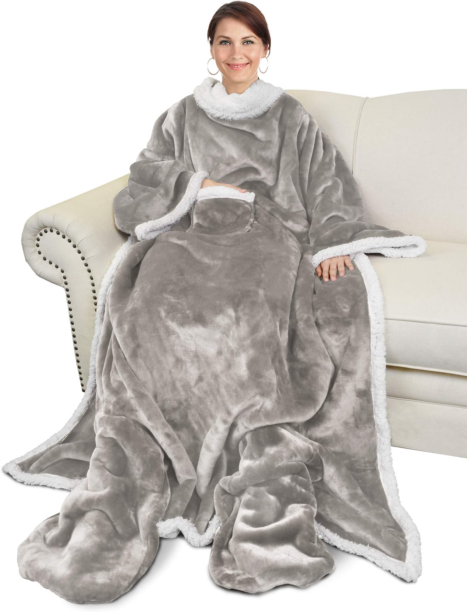 Catalonia Sherpa Wearable Blanket with Sleeves & Foot Pockets for Adult Women Men, Comfy Snuggle Wrap Sleeved Throw Blanket Robe, Gift Idea, Camel