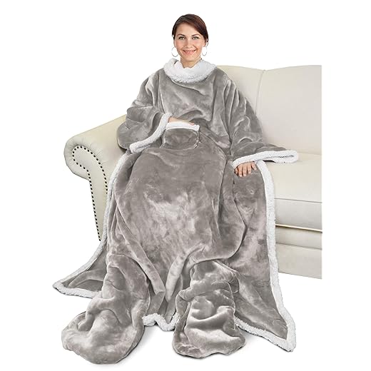 Catalonia Sherpa Wearable Blanket with Sleeves & Foot Pockets for Adult Women Men, Comfy Snuggle Wrap Sleeved Throw Blanket Robe, Gift Idea, Grey