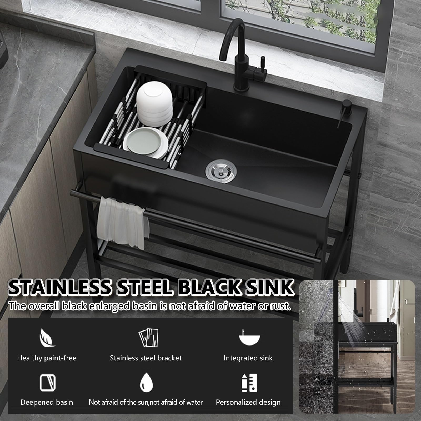 Fregadero utilitario de acero inoxidable con soporte, fregadero de cocina de un solo tazón con plataforma de almacenamiento, grifo frío y caliente, perfecto para exteriores, garaje, estación de lavado