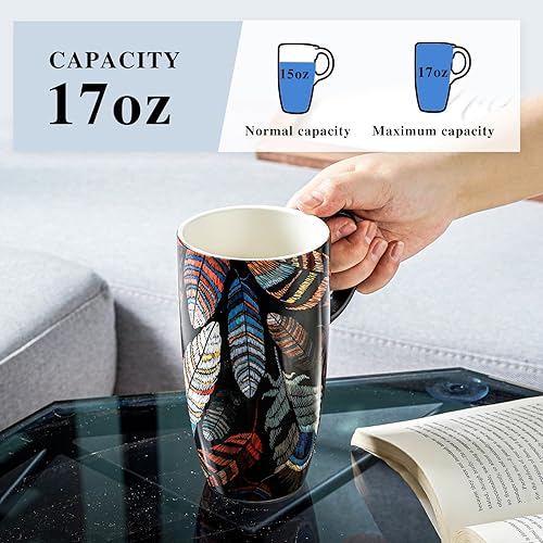 Miniatura 38 de Taza de café de viaje de cerámica con tapa para el hogar y la oficina, taza de té alta de porcelana de 17 onzas con mango de arte floral en caja