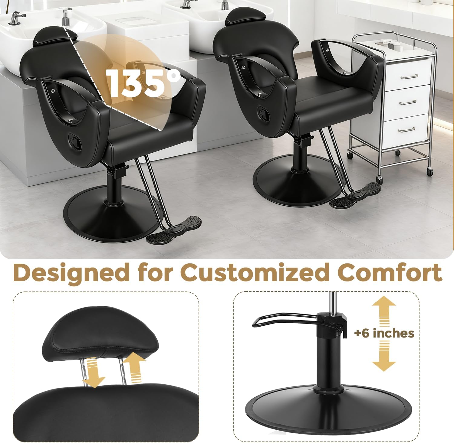 Salon Barber Chair, Reclining Salon Chairs for Hair Stylist, Hair Stylist Chair Heavy Duty Hydraulic Pump, 360 Swivel Styling Braiding Hairdresser Chair for Home Barbershop, All Matte Black
