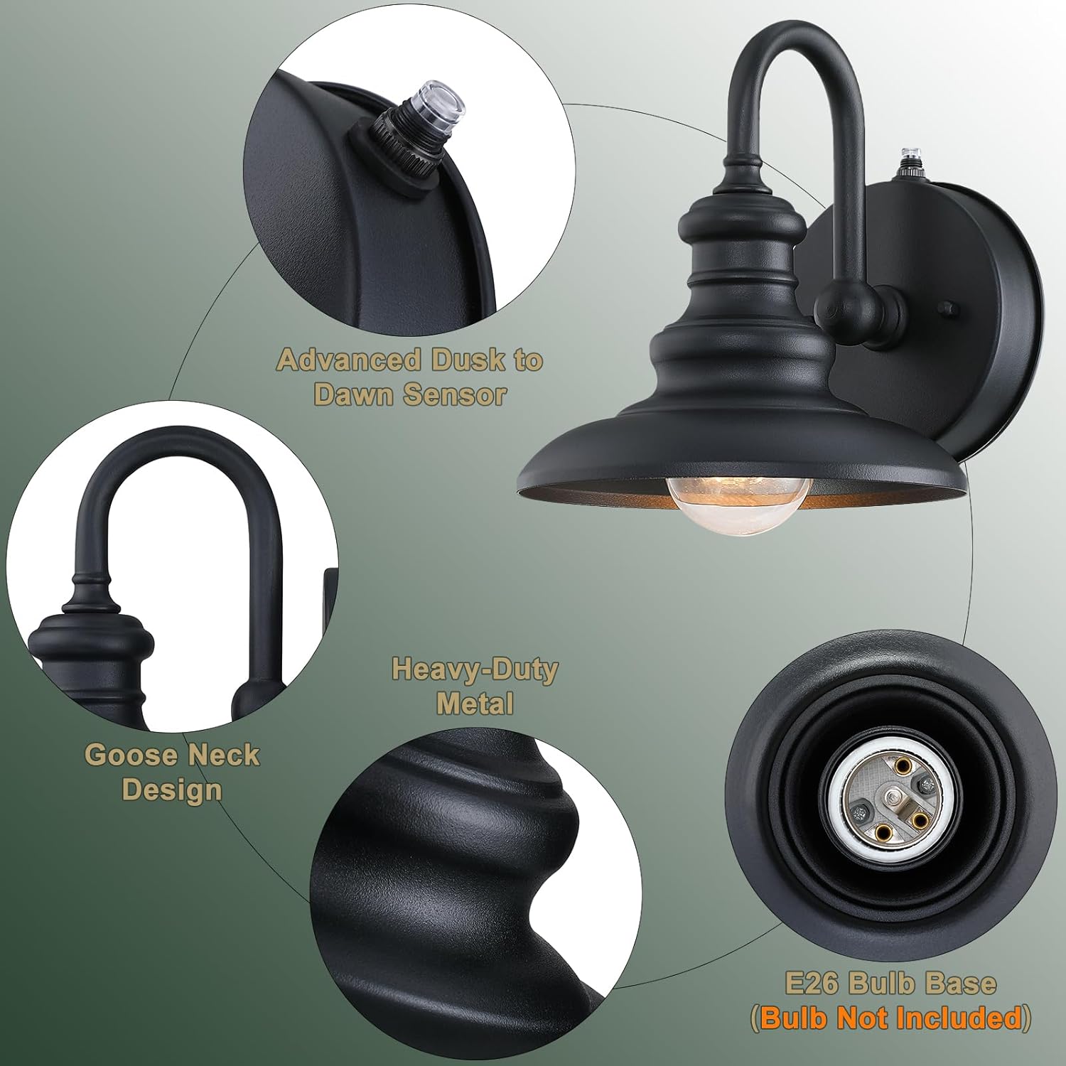 LONEDRUID Dusk to Dawn Sensor Outdoor Wall Sconce Black Exterior Gooseneck Barn Light Fixtures Waterproof Farmhouse Wall Mount Porch Lighting Anti-Rust Outside Lantern for House Garage Entryway