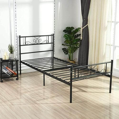 Miniatura 7 de Weehom Base de cama de tamaño individual con cabecero, plataforma negra, cama estándar de acero para niños y niñas, no necesita somier