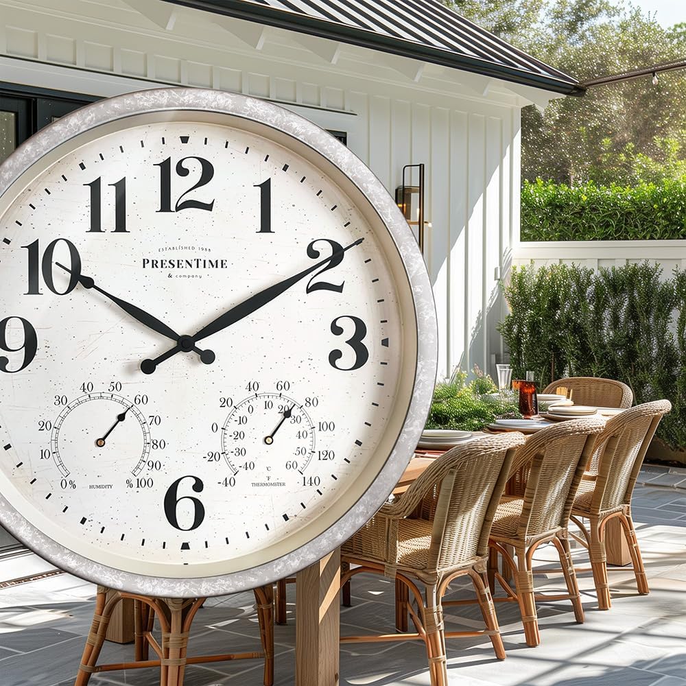 Presentime & Co 16" Farmhouse in/Outdoor Clock with Thermometer&Hygrometer as All in One Weather Station, Galvanized Décor, Wall Art and Timepiece for Farmhouse Decoration, Light Galvanized Finish