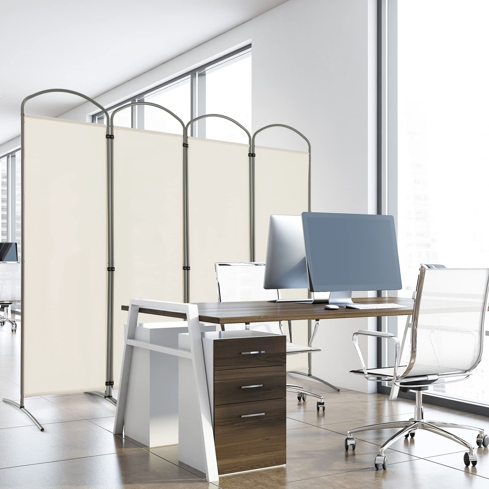GOPLUS Biombo Separador de Ambientes de 6/4 Paneles, Biombo Plegable para Privacidad con Marco de Metal, Divisor de Habitación Portátil para Salón Dormitorio Oficina (Blanco, 4 Paneles, 221 x 188 CM)