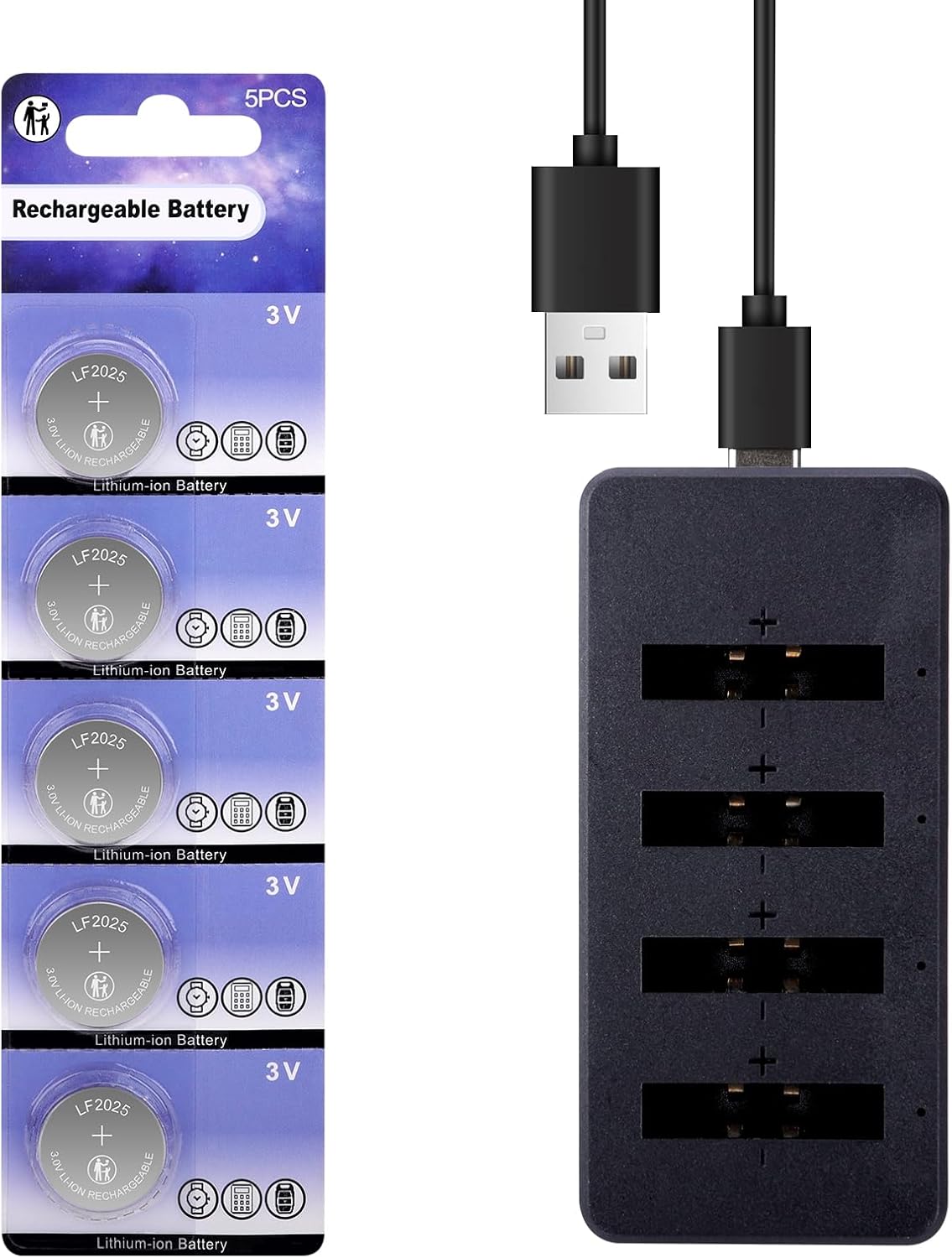 Batería Recargable CR2025 con Cargador 3V 5 Unidades