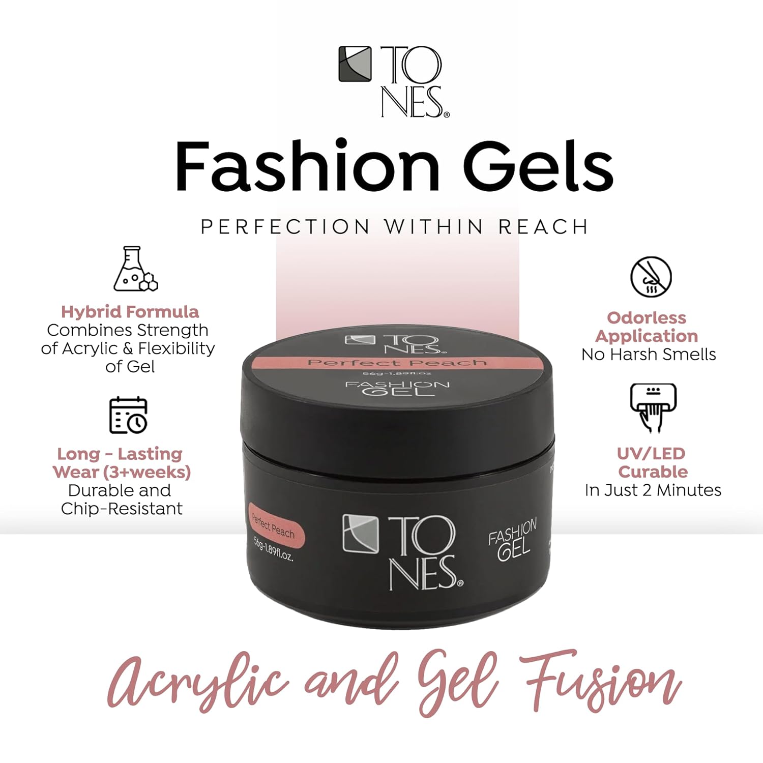 TONES Fashion Gel - Premium, Long-Lasting LED or UV Poly Gel Nail Gel - 7-Free - Quick-Curing Nail Art and Nail Design Overlay or Nail Sculpting - (1.89 Oz, Perfect Peach)