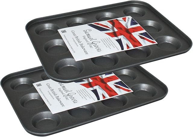 Samuel Groves 2X 12 Long Life Hole Bun Yorkshire Pudding Mince Pie Tray, Non Stick, Made in England