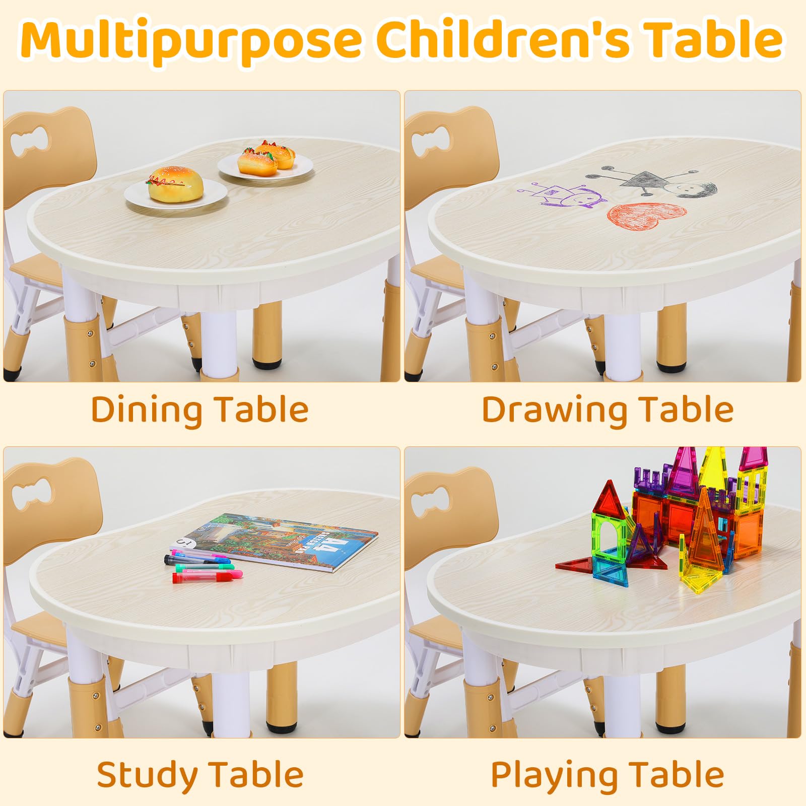 Clevich Kindertisch mit 2 Stühlen, Kinder Tisch Stuhl Set Höhenverstellbar, Multifunktionaler Kindersitzgruppe, Maltisch für Klassenzimmer Kindergärten Kindertisch und Stuhlset für Essen Spielen Gelb