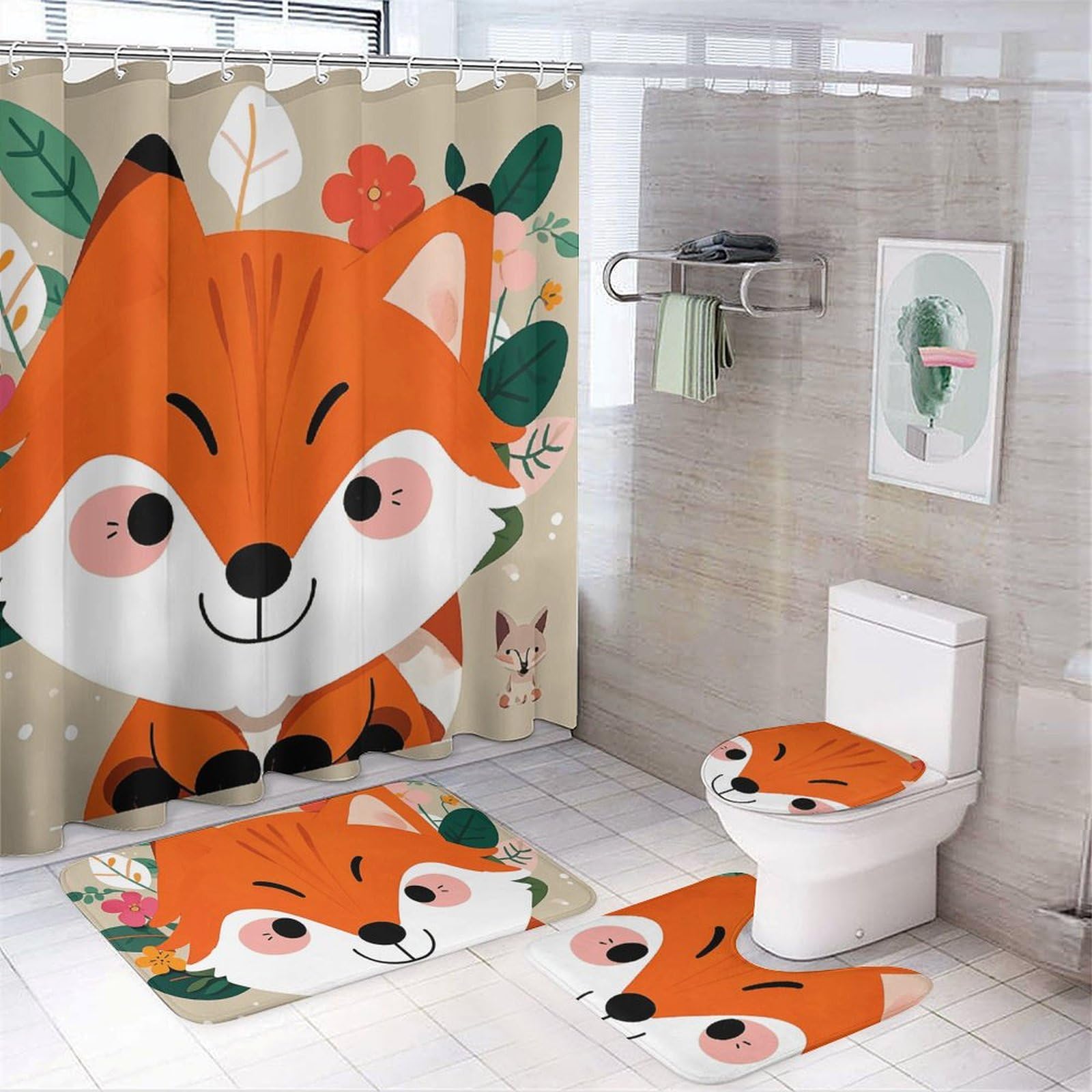 Rideaux de douche anti-moisissure renard avec ensemble tapis antidérapants