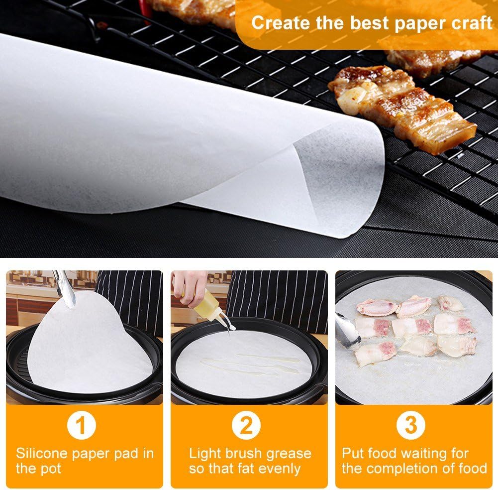 Three steps showing how to use the baking paper: 1. Place silicone paper pad in the pot. 2. Lightly brush grease. 3. Put food on the paper.