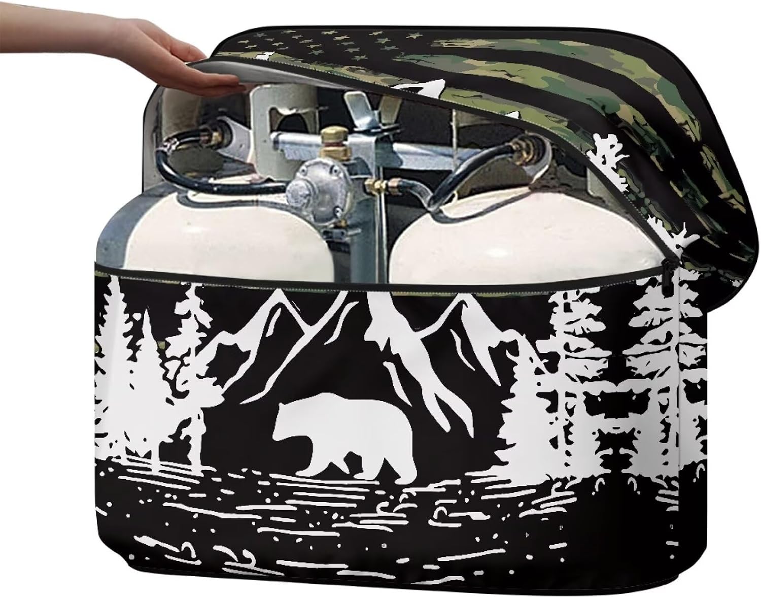 American Flag Mountain RV Propane Tank Cover for Camper RV Trailer Double 20lb RV Propane Tank Cover Anti-Dust Camper Propane Tank Protector Easy to Install