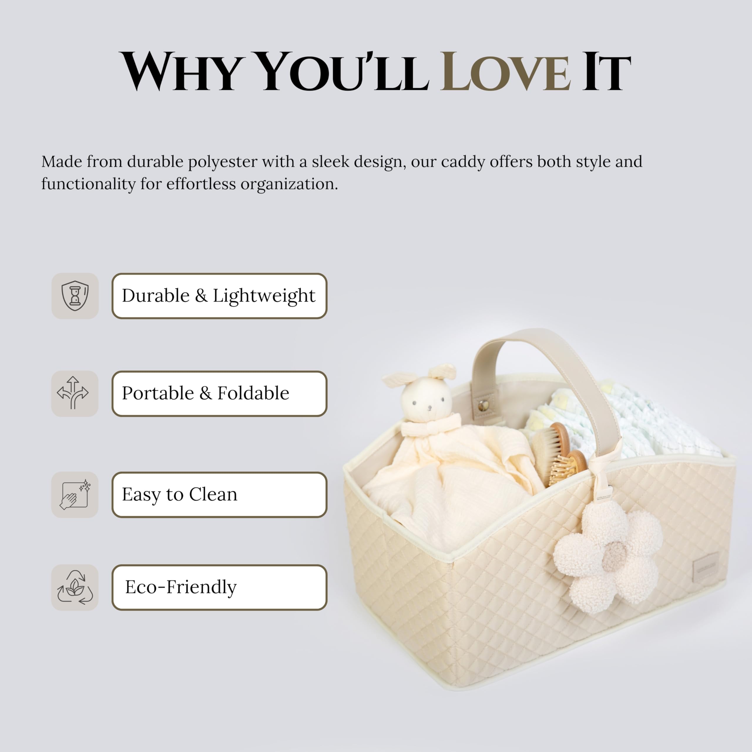 Cherubin Chic Baby Diaper Caddy | Nursery Storage Bin & Baby Caddy Organizer for Diaper Station | Car Shower Basket for Newborn Boy and Girl | Baby Registry Must Have | Newborn Essentials - Beige