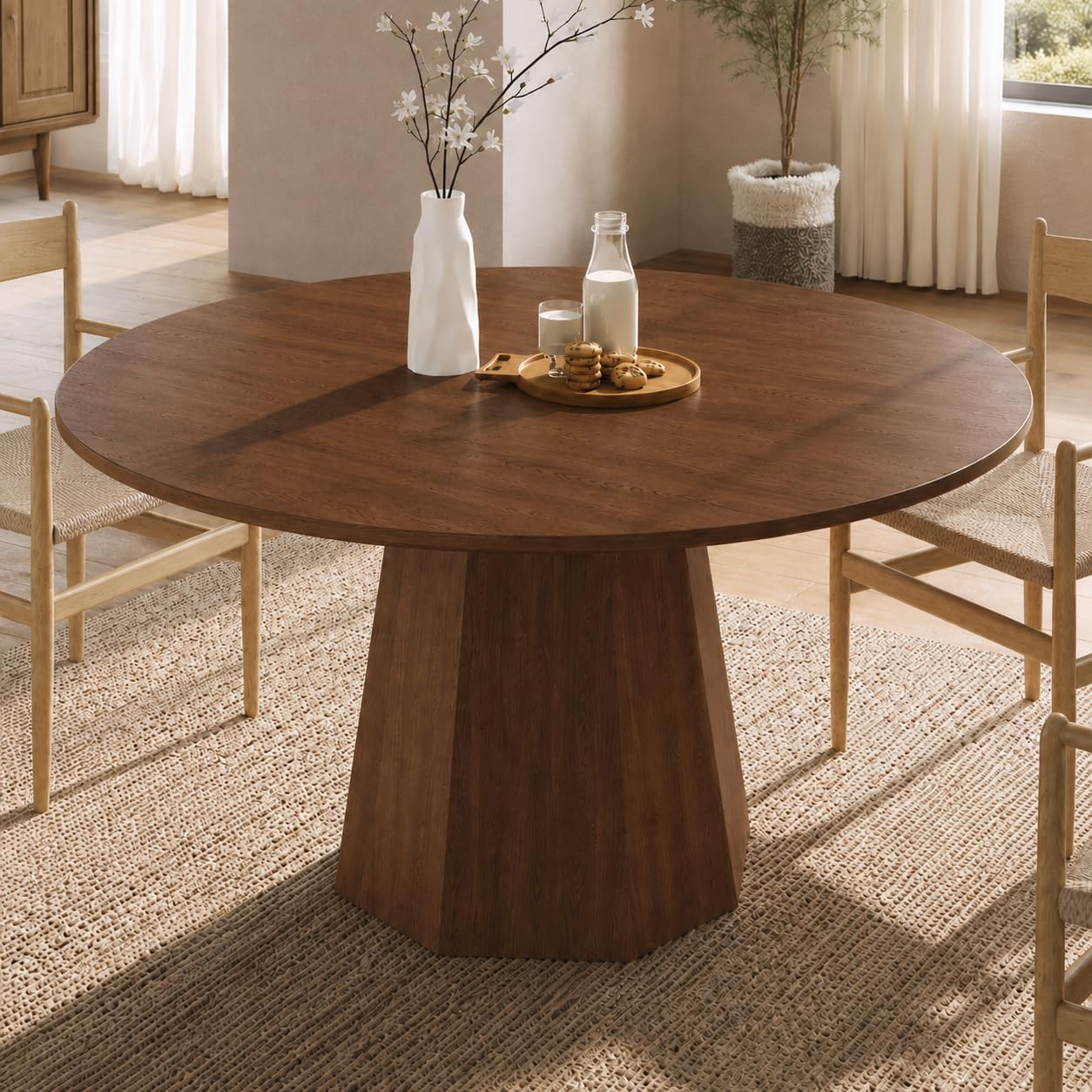 FammyLoft Wooden Dining Table for 4-6 People, Round Kitchen Table, Walnut